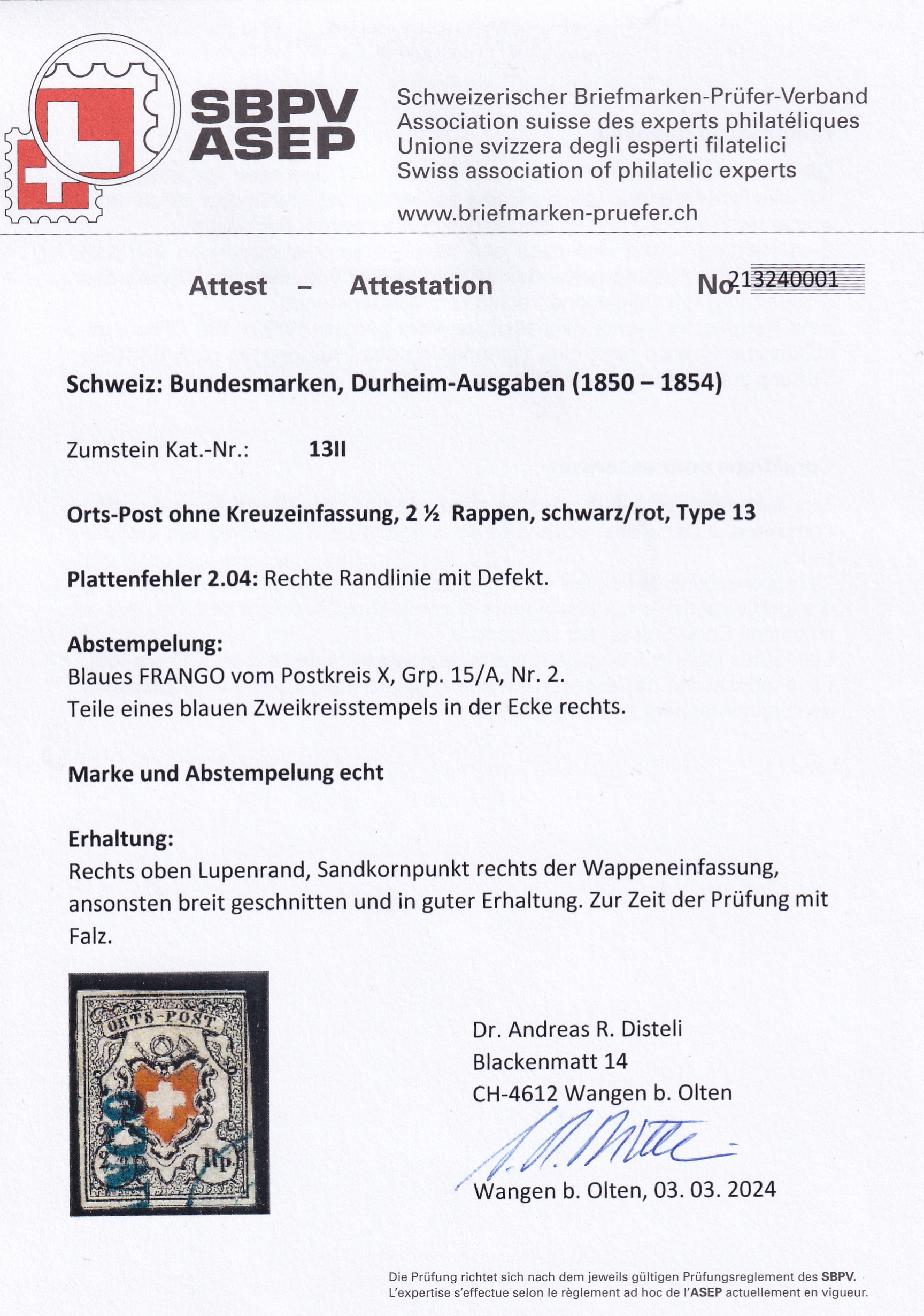 Orts-Post ohne Kreuzeinfassung mit dem blauen Franco Stempel