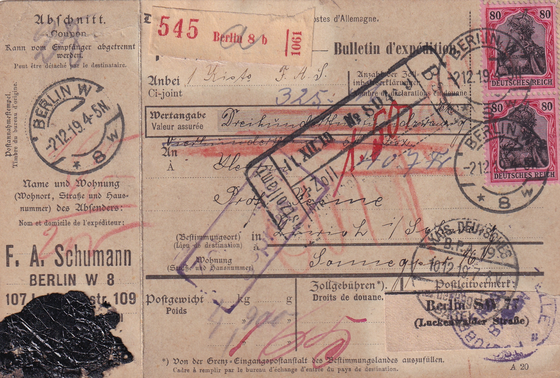 Deutsche Reich: 02.12.1919 Berlin Zürich  Postpacket Karte Mi Nr. 143 + 149