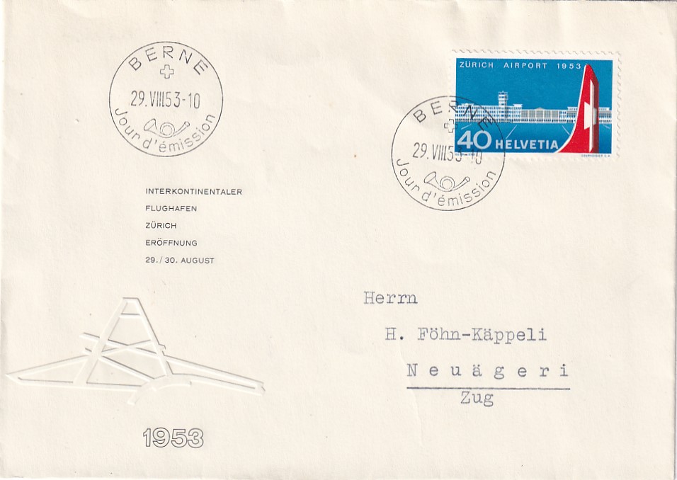 FDC Eröffnung Flughafen Zürich-Kloten 29.8.1953 (fr)