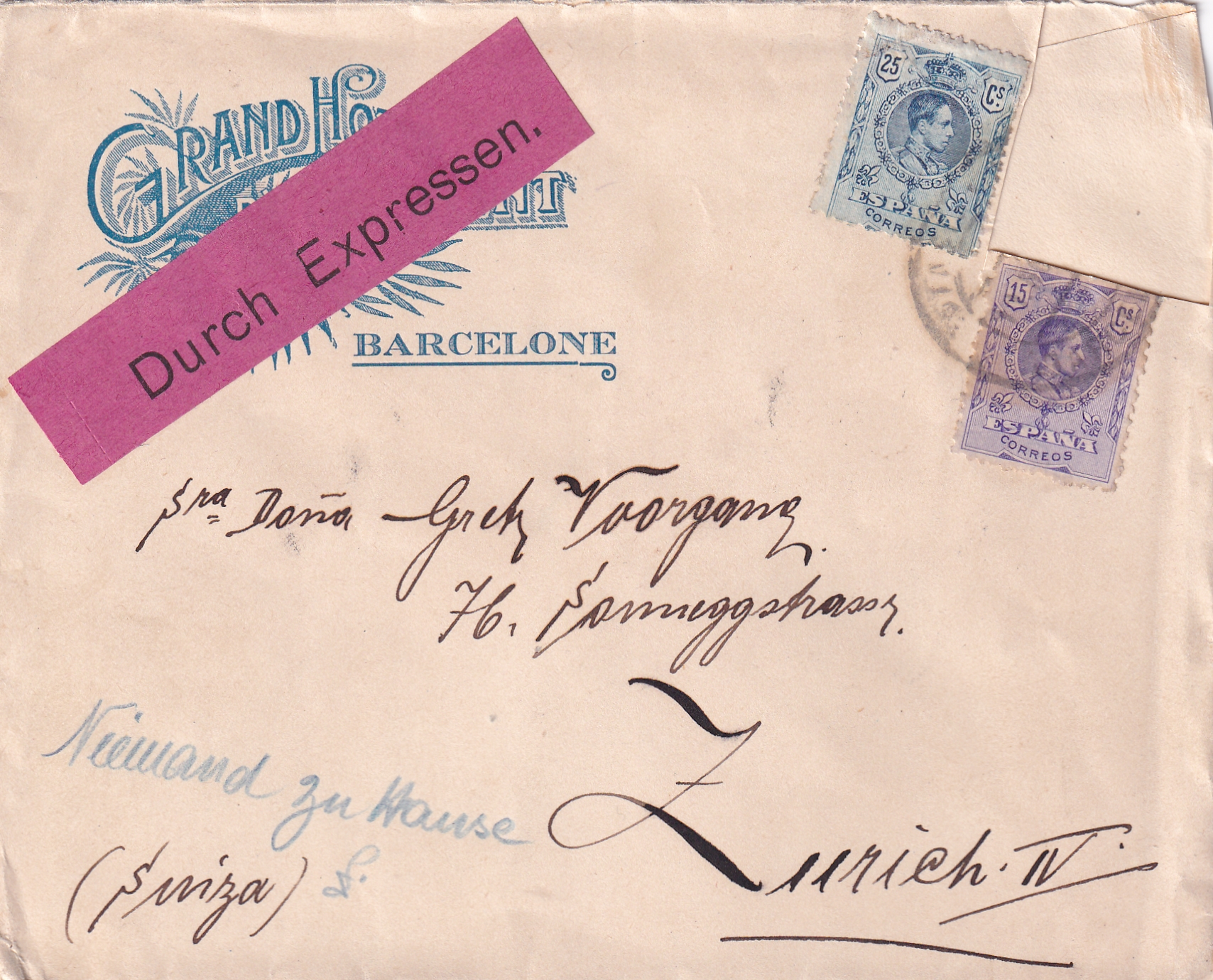 13.11.1910 Spanien - Zürich  Durch Expressen mit Ankunftsstempel Zürcih