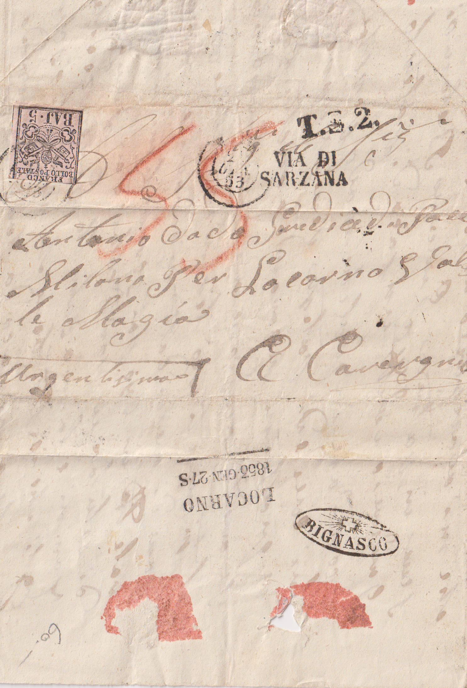 Kirchenstaat MI Nr. 6B -Stempel ROM  27.Sept 1853 via Genua - CAVEGNO Strahlenstempel Ankunfststempel