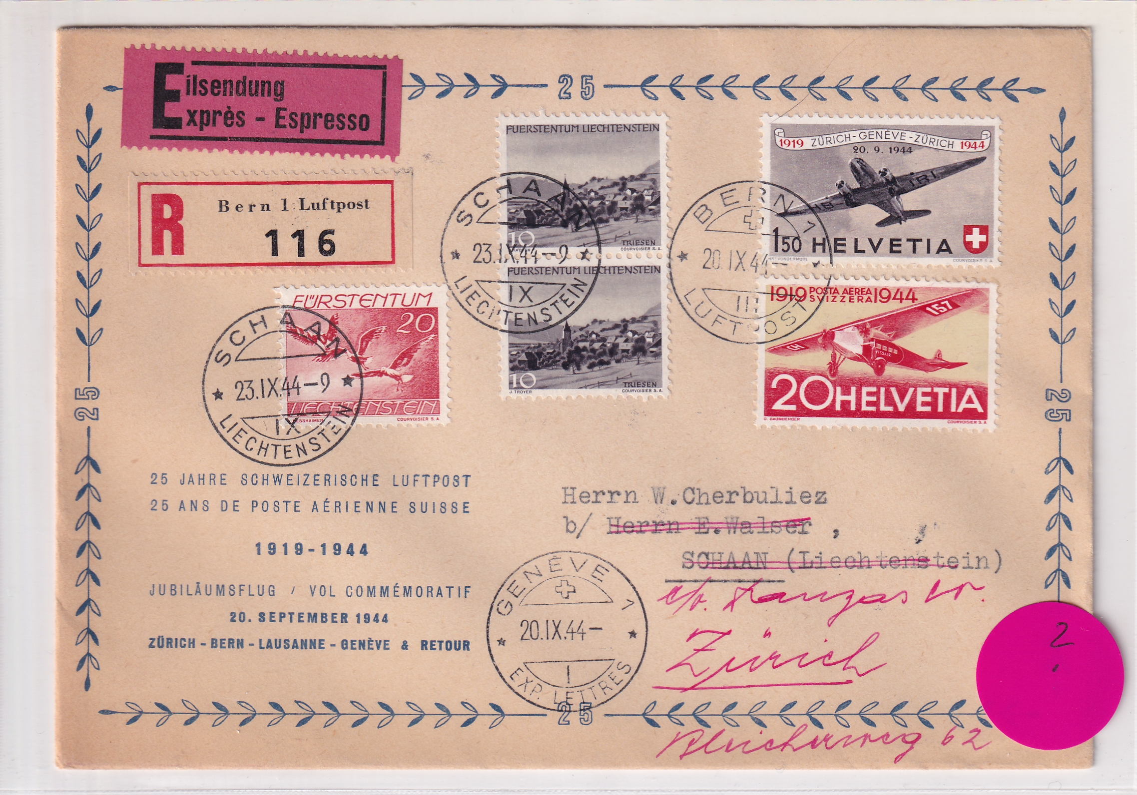Bern - Schaan - Zürich 20.09.1944 umgeleiteter Flugbeleg