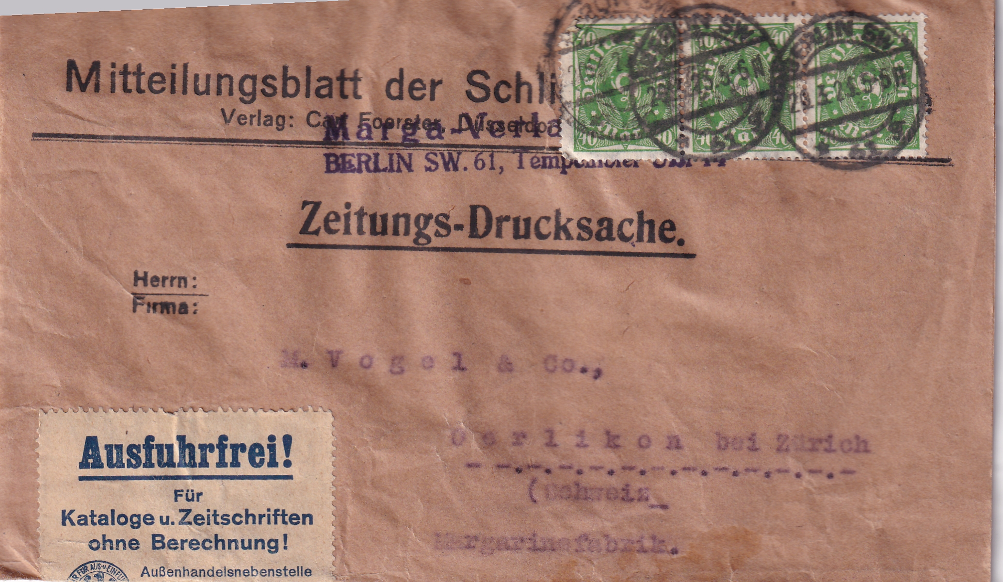 Deutsche Reich: 23.03.1923 Zeitungsdrucksache Berlin - Oerlikon CH