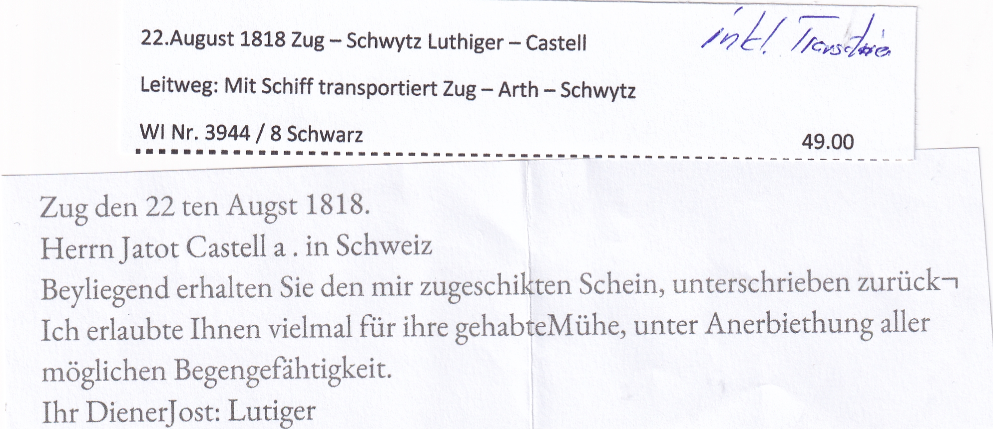 1818 Zug - Schwyz Schiffsbrief vom Zugersee