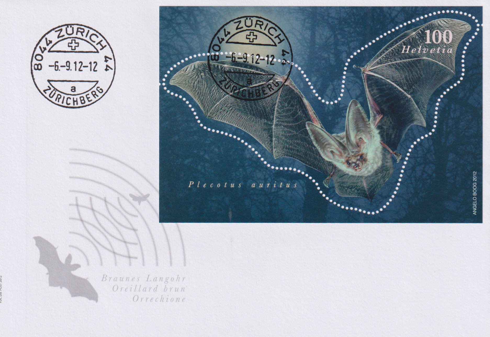 2012 Fledermaus auf FDC Stempel Zürichberg