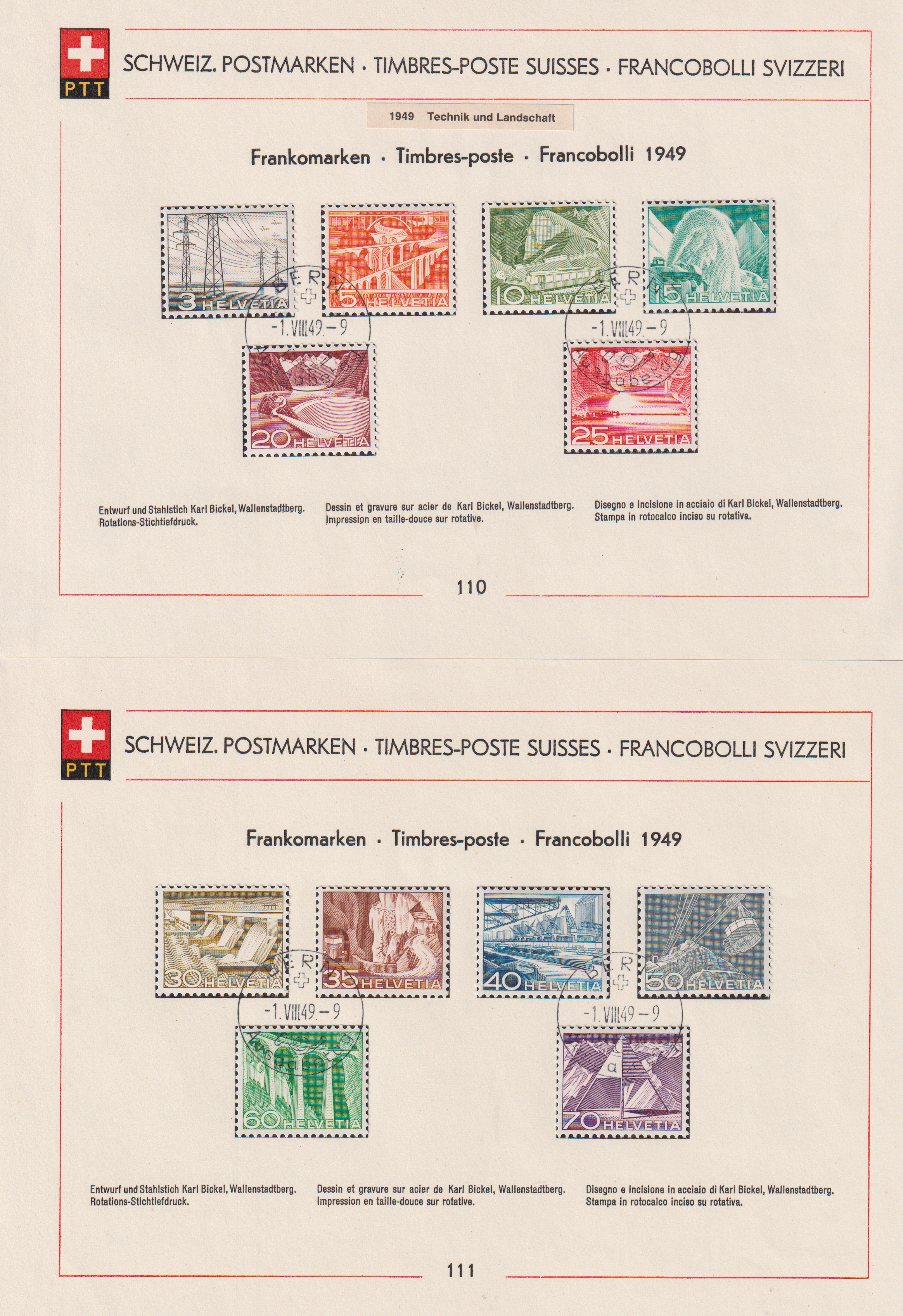 Technik und Landschaft 1.8.1949 Erstagstempel Bern