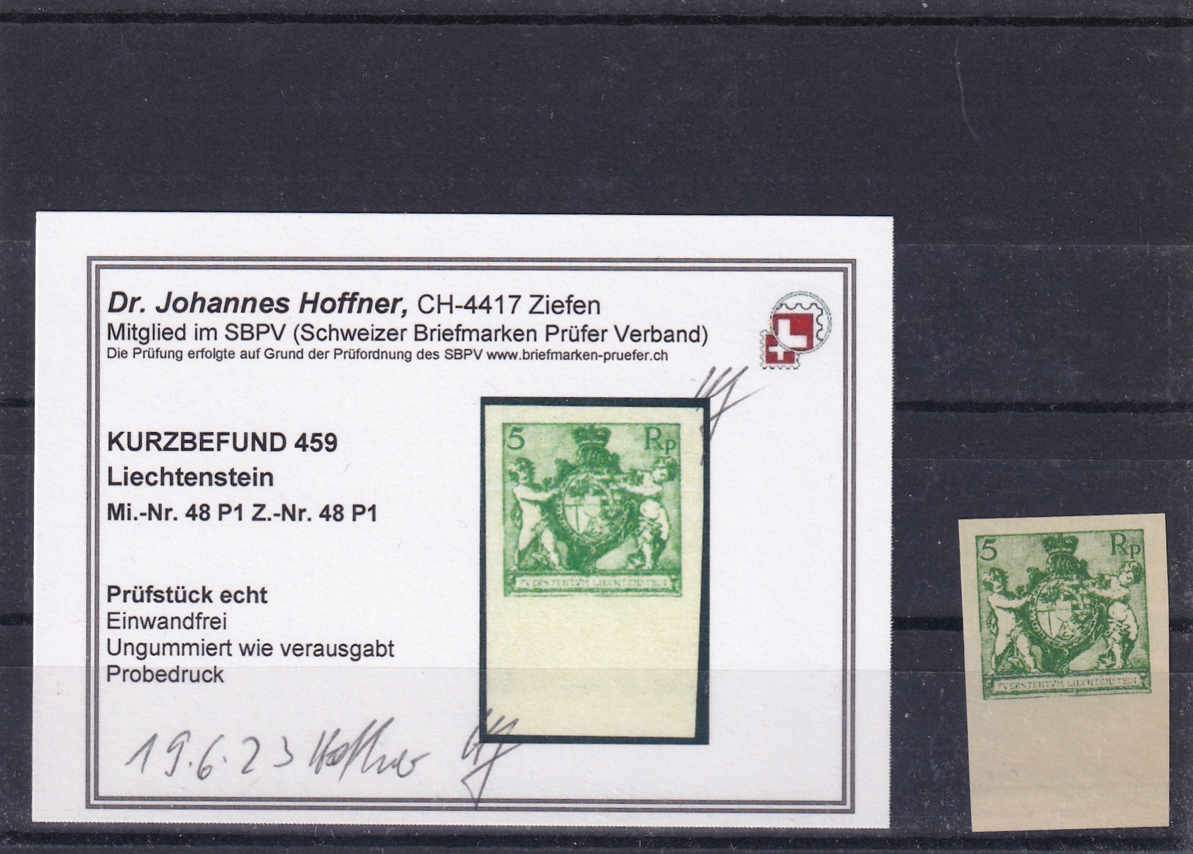 Probedrucke 48 P1 ungestempelt Randstück mit Attest