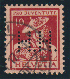 Pro Juventute J6 mit Perfin  Hess Eisenwarenfabrik Rüti ZH