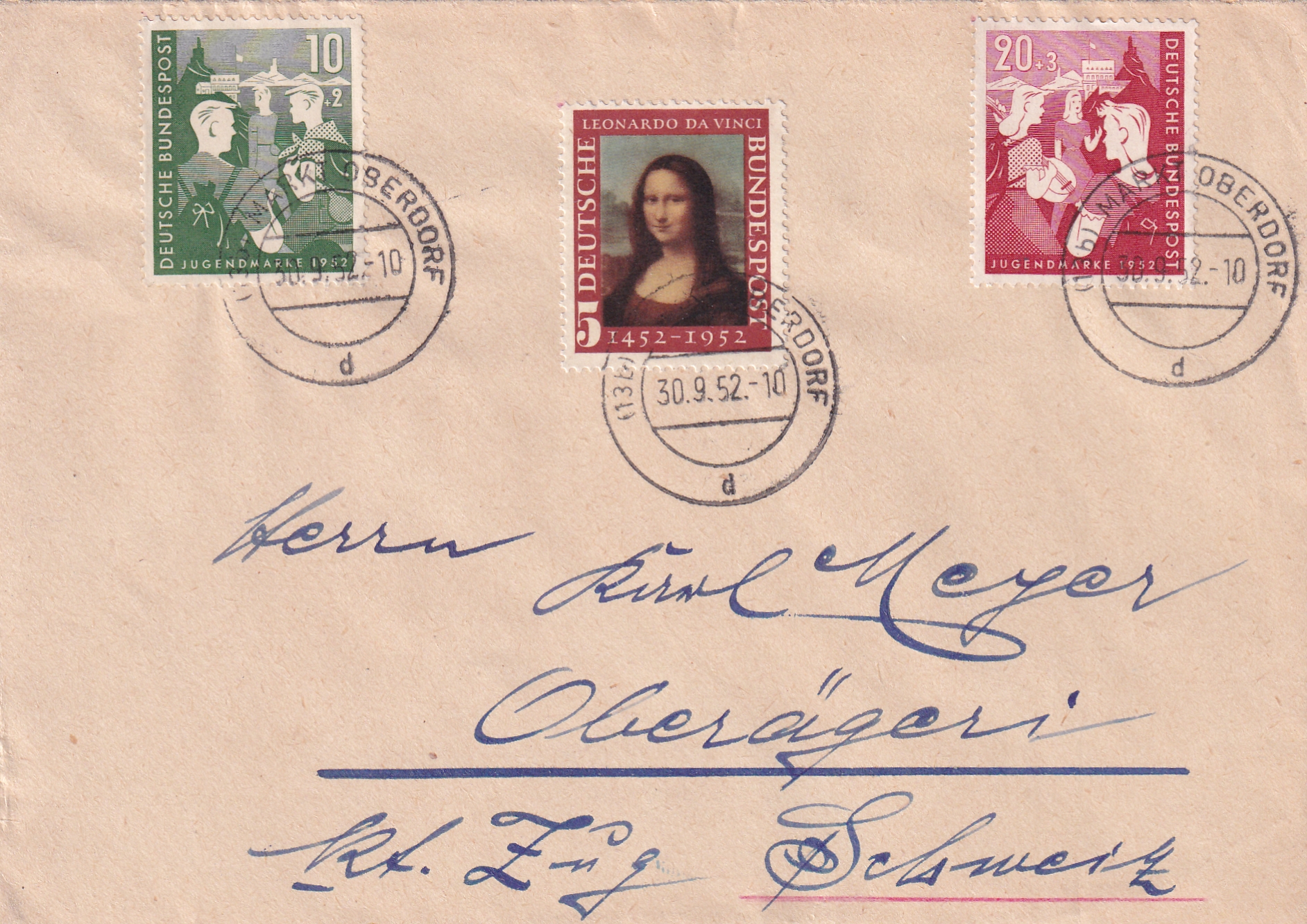 Deutsche Bundespost: Mi Nr. 158+ 159 Brief Markt-Oberdorf  - Oberägeri  CH "