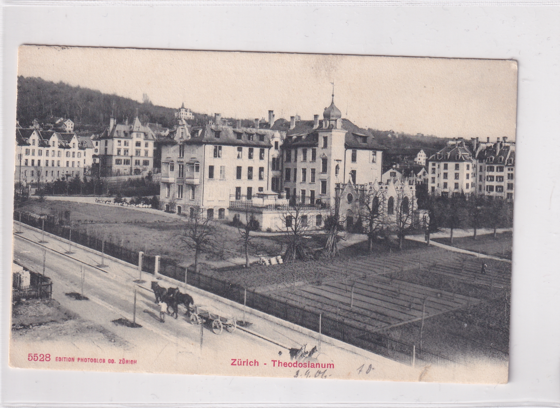 1906 Zürich mitTheosianum u, Pferdefuhrwerk