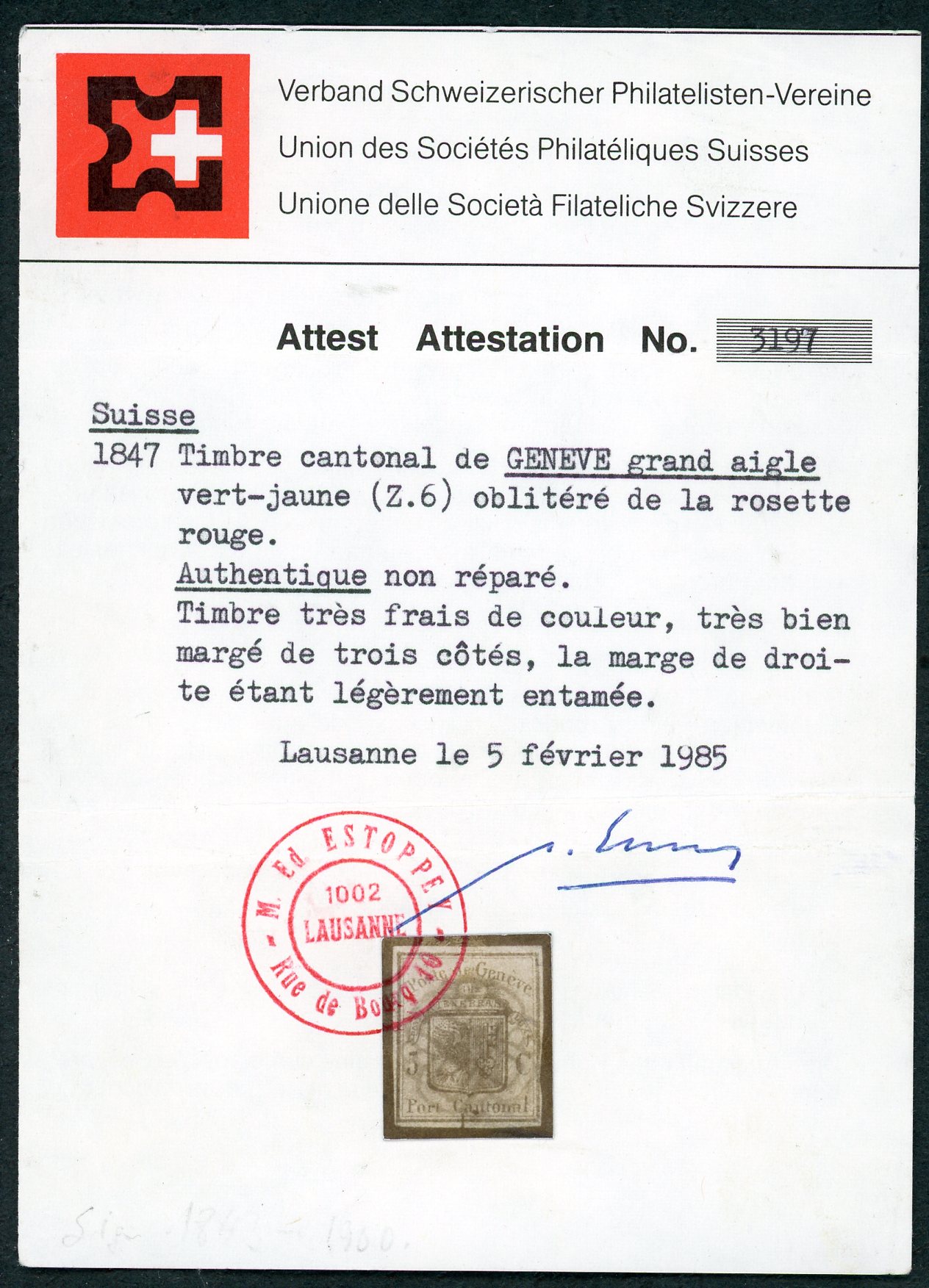 1947 Genfer Kantonsbriefmarke „Großer Adler“, grün-gelb (SBK.6)