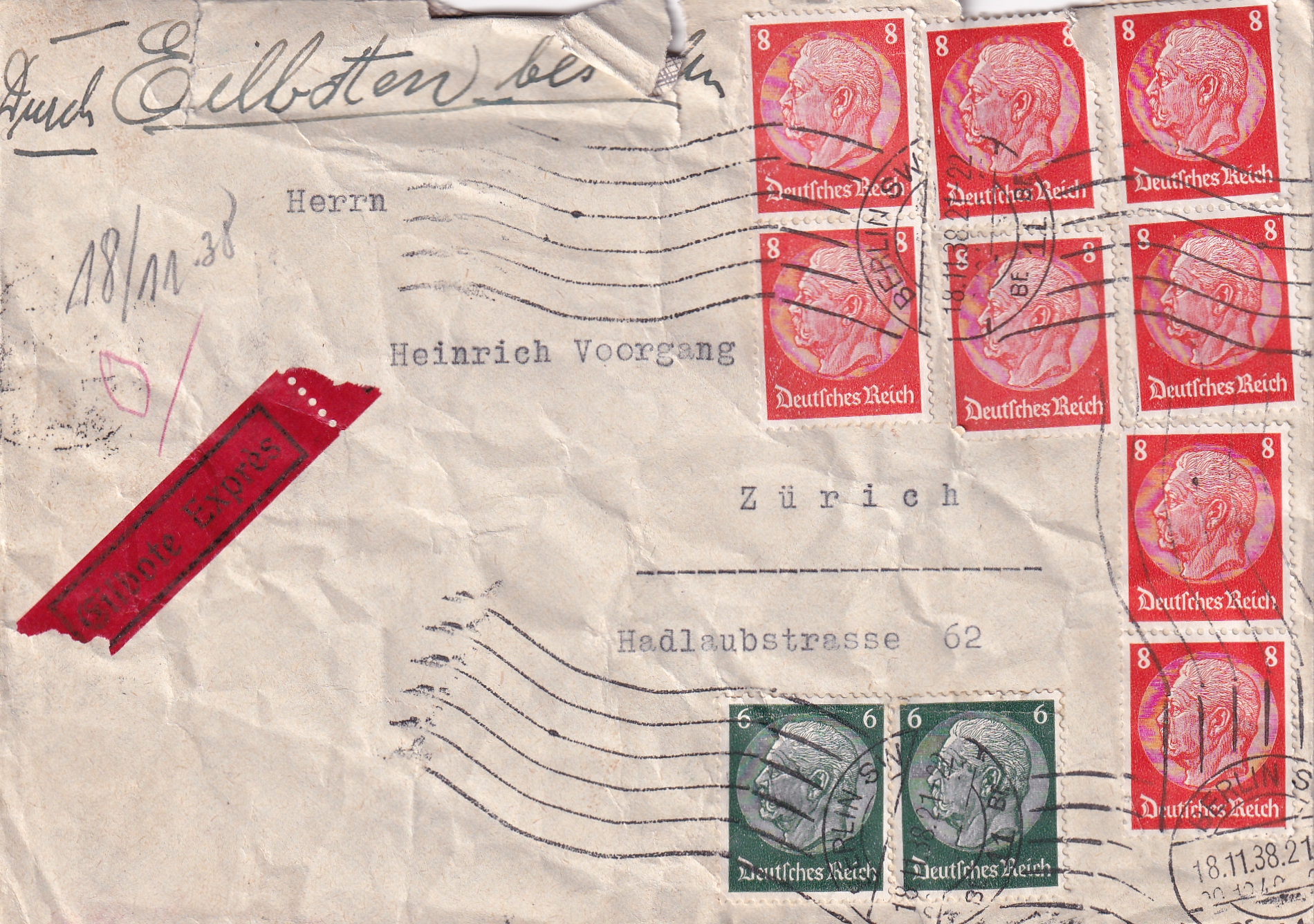 Deutsche Reich: 18.11.1938 Expressbrief Berlin - Zürich