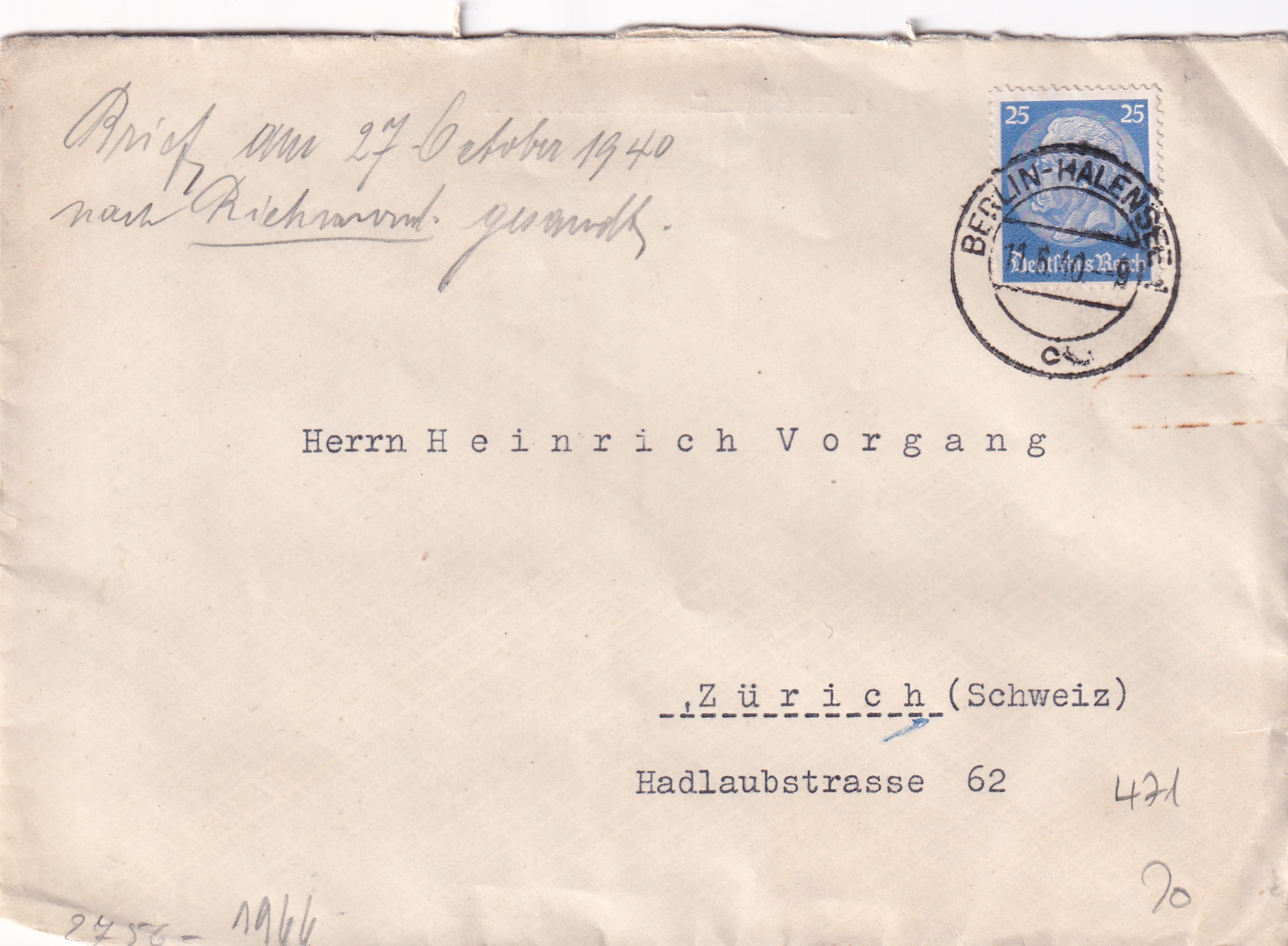 Deutsche Reich: 11.05.1940 Berlin - Zürich EF Mi  Nr . 471