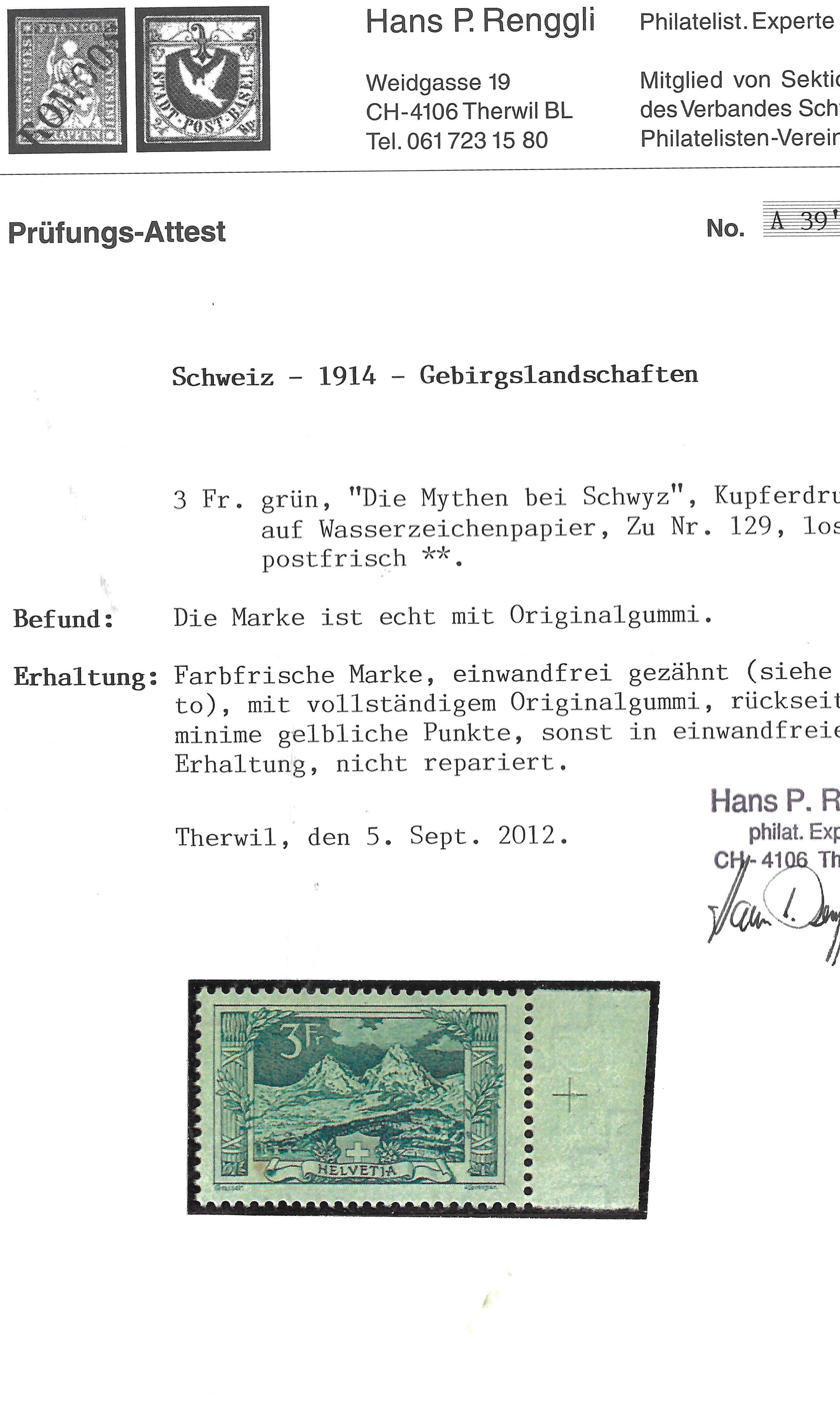 SBK 129 Gebirgslandschaften Postfrisch mit Attest