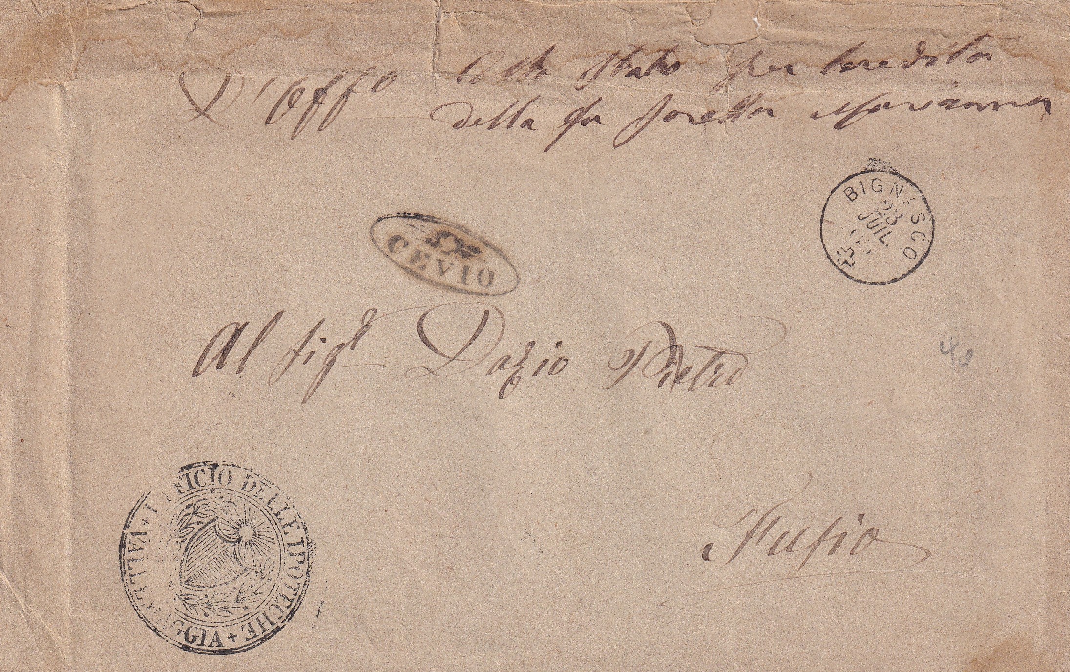 Strahlenstempel von CEVIO nach Bigansco am 23.Juli 1862
