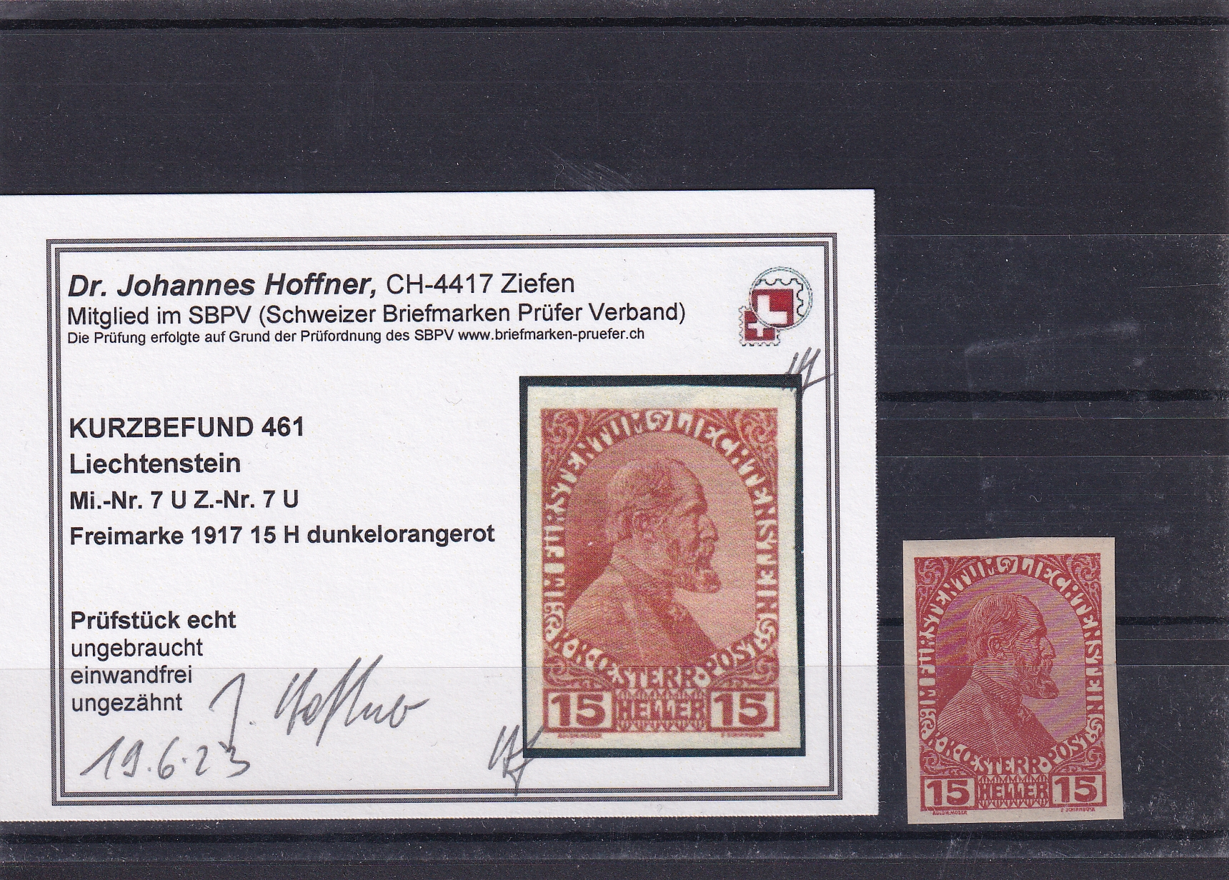 Liechtenstein Nr. 7 U dunkelorangerot ungestempelt mit Attest