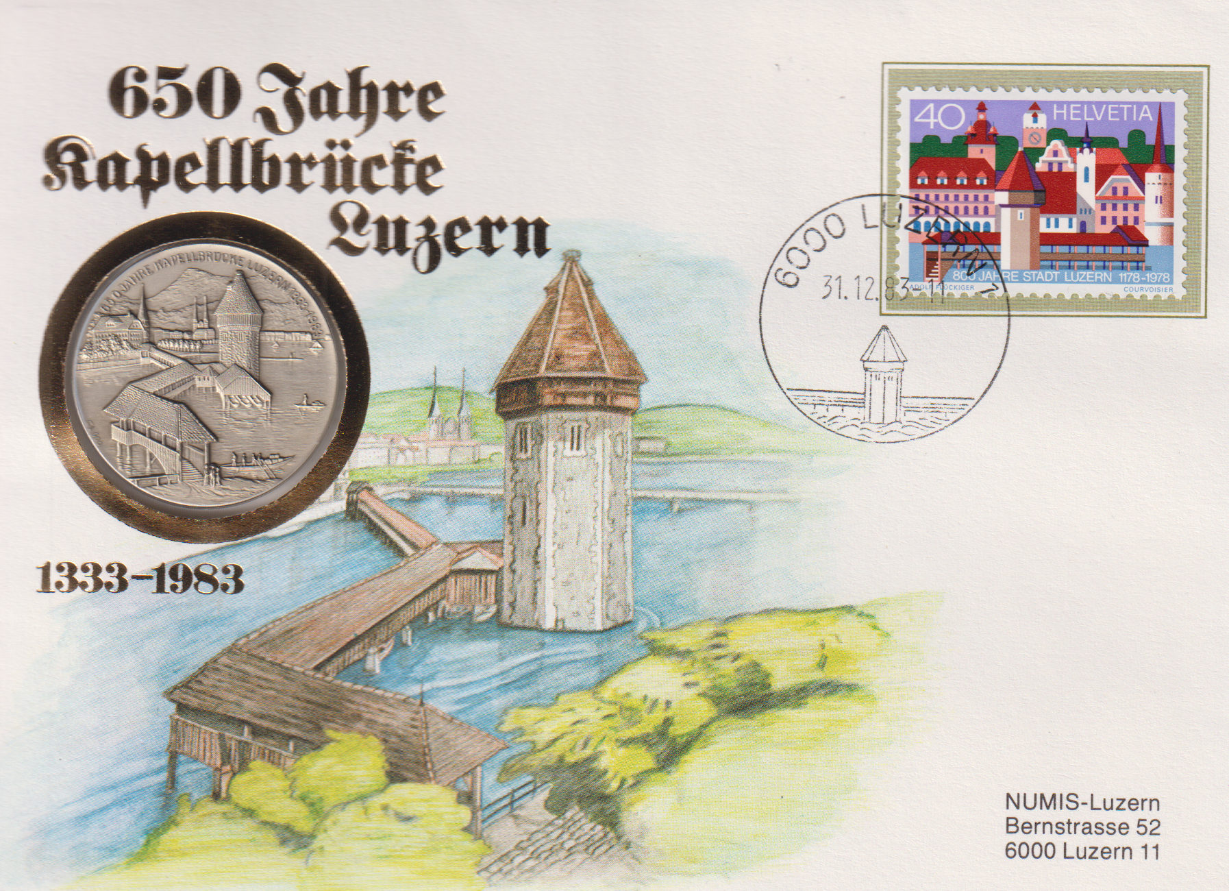 Numisbrief 650 Jahre Kapelbrücke Luzern mit Silbermünze