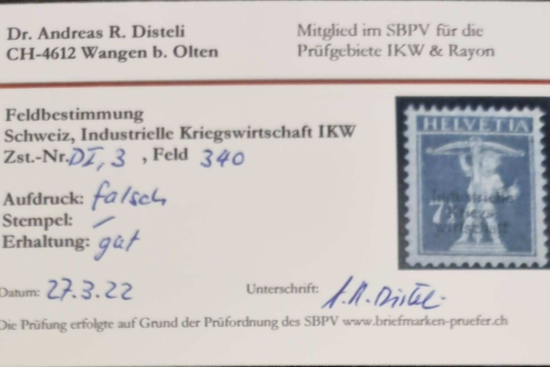 IKW Nr.3 Feld 340 Aufdruck Falsch Befund Disteli