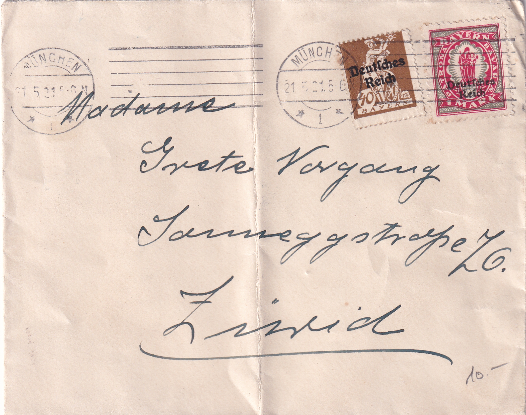 Deutsche Reich: 21.05.21 München - Zürich P:P6 Mi Nr. 124 + 129