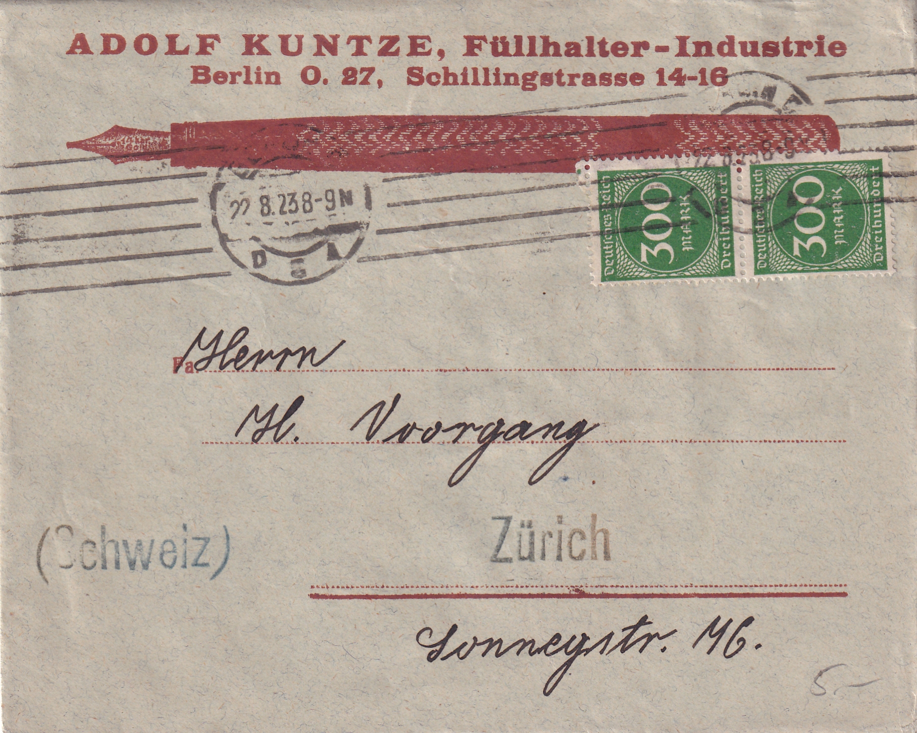 22.08.1923 Berlin - Zürich  MiNr. 270 MeF P.P;15