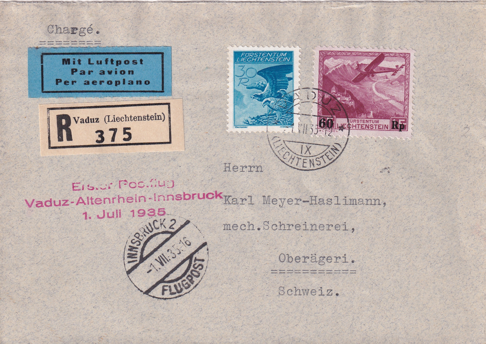 Liechtenstein 01.07.1935 Vaduz - Innsbruck - Oberägeri ZG