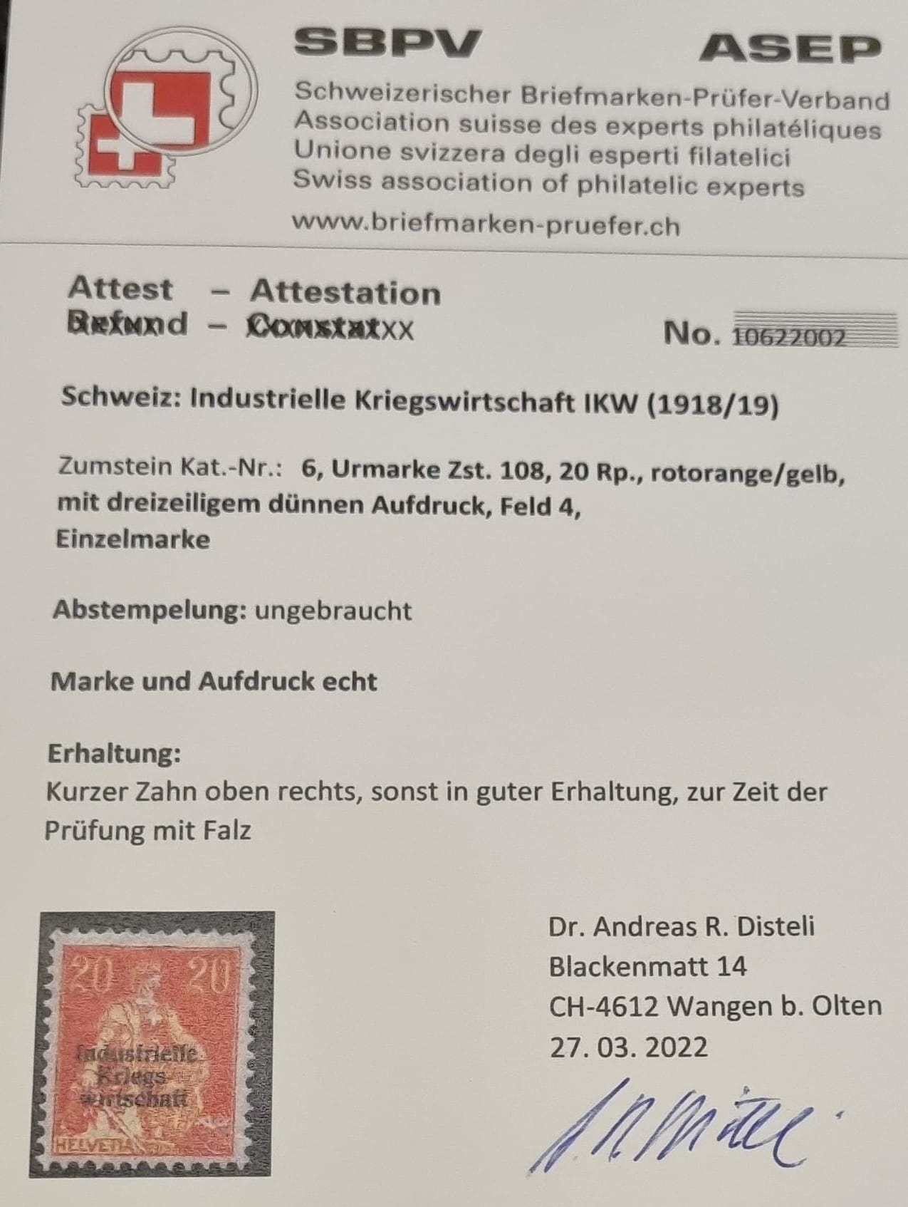 IKW Nr. 6 mit Falz Attest Disteli