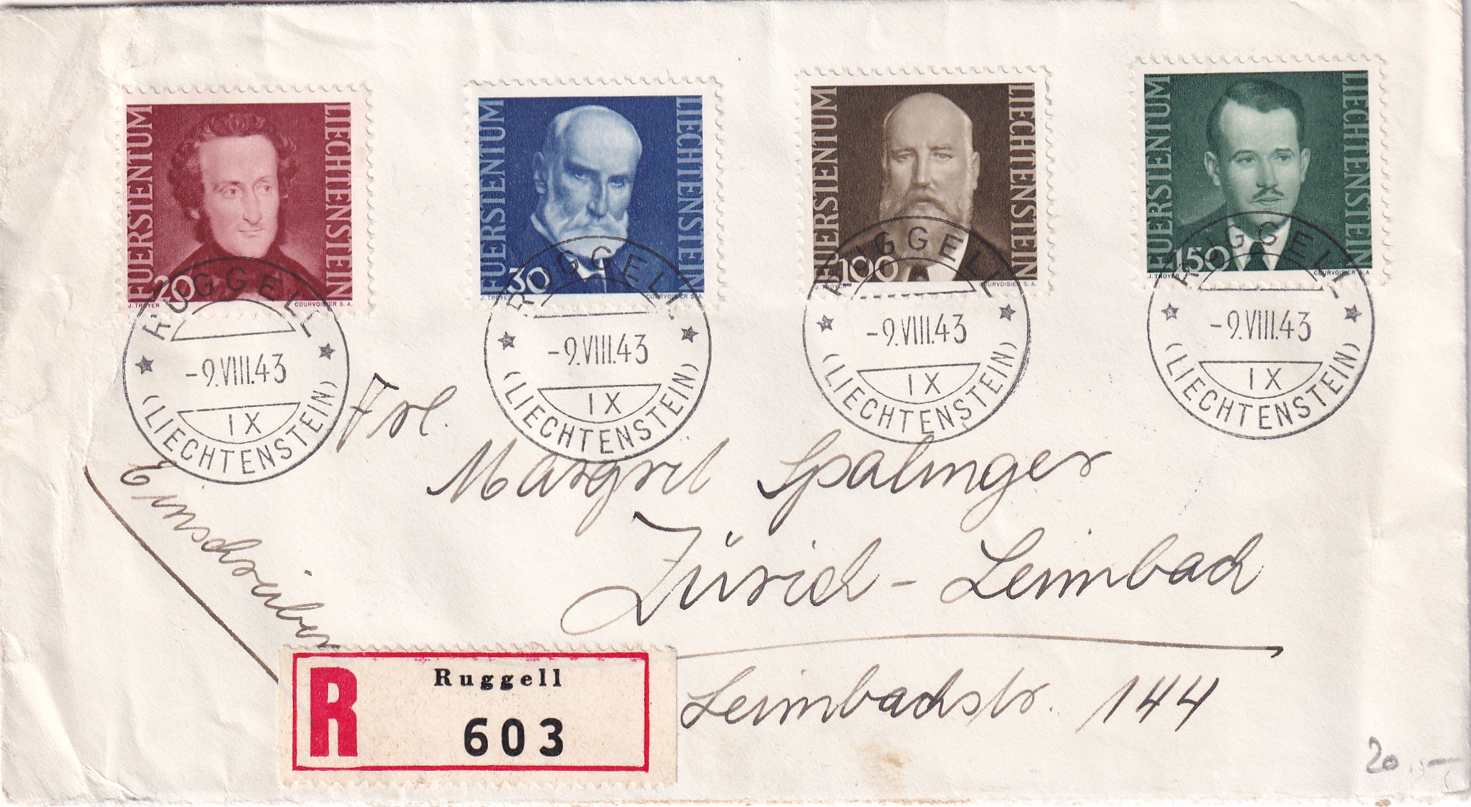 Liechtenstein 1943 Brief Ruggel - Zürich R-Brief