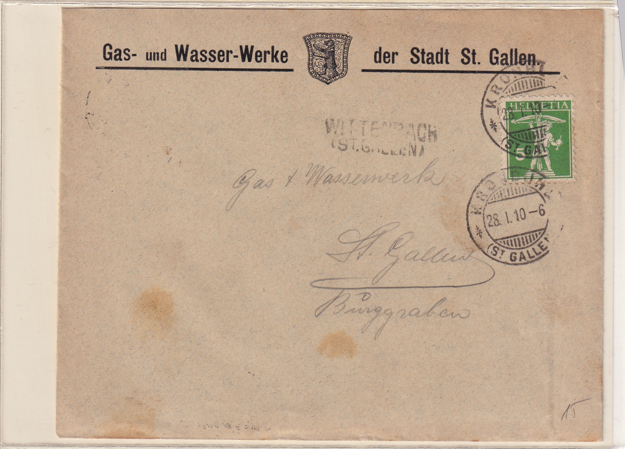 1910 Kronbrunn - St.Gallen  mit Stabstempel WITTENBACH