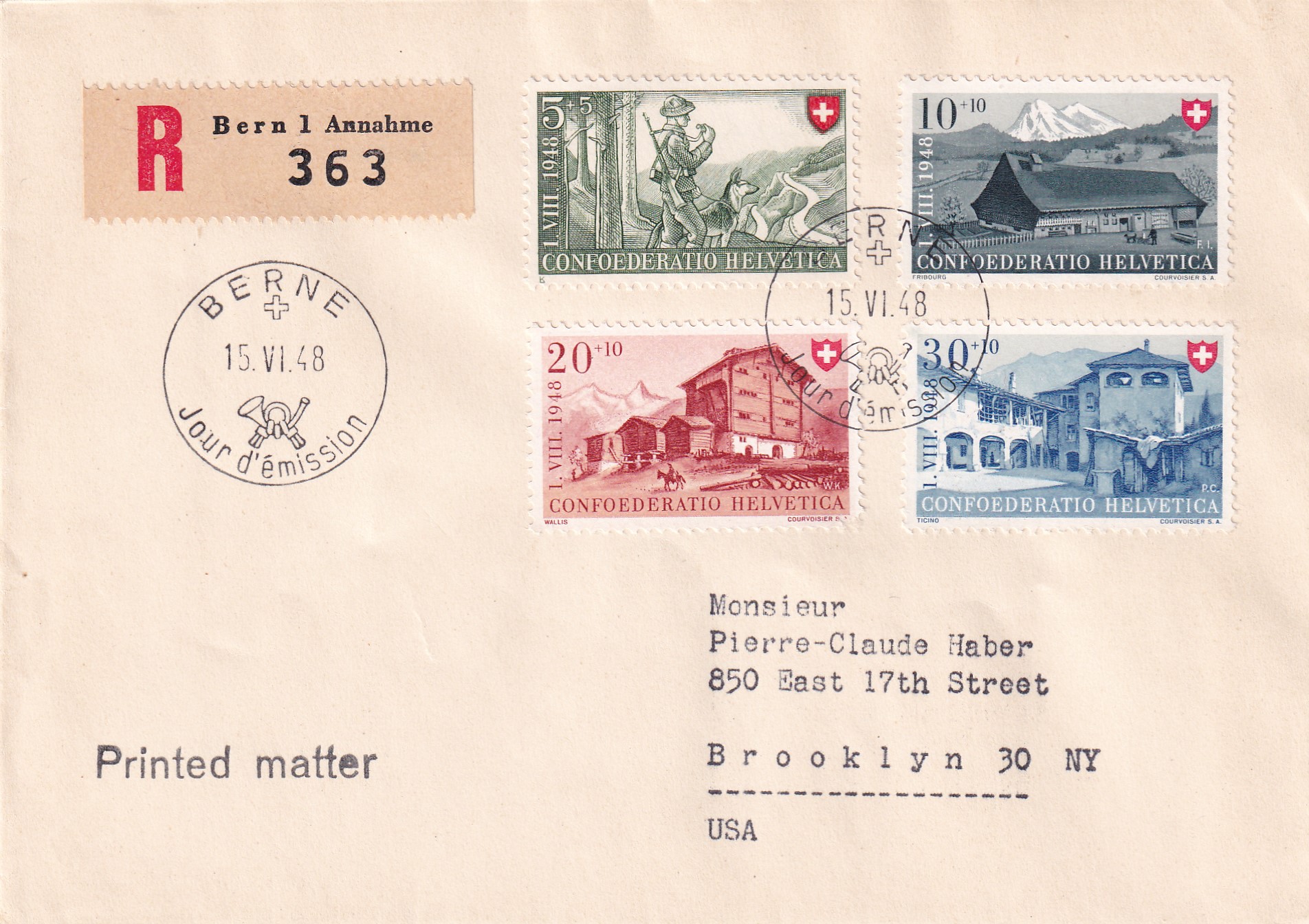 Pro Patria 1948 Erstagsbrief  französisch