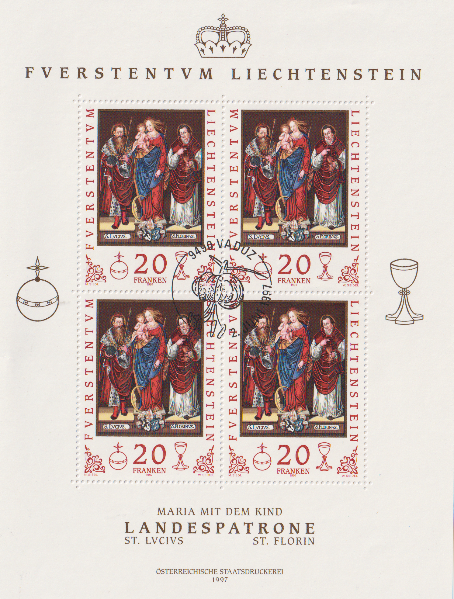 Liechtenstein 1997 Freimarke Landespatrone im 4er Block  gestempelt