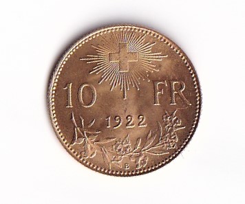 Schweizer Goldvreneli 1922 10er