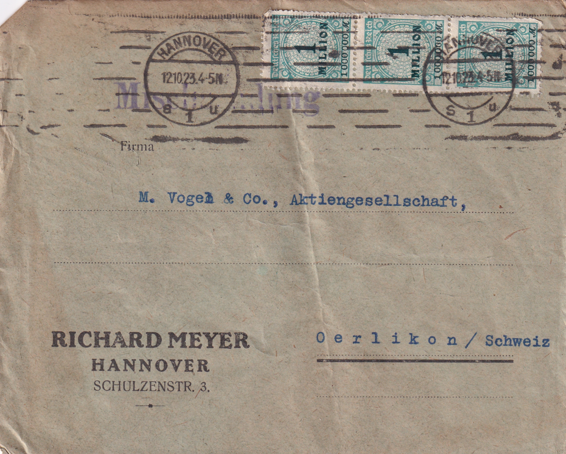 Deutsche Reich: 12.10.1923 P.P 20 Hannover - Oerlikon CH 3 Millionen