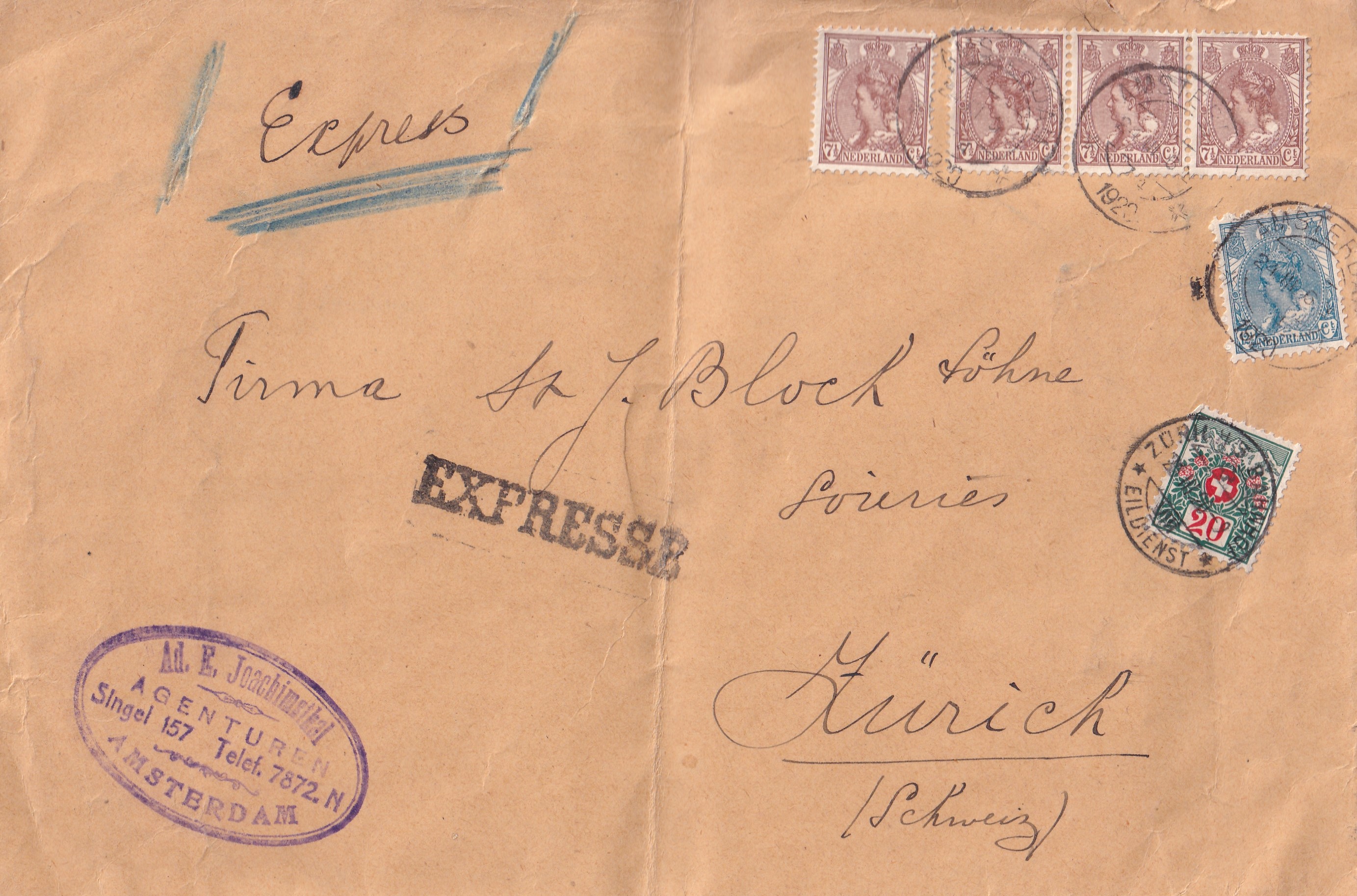 1920 Amsterdam NL - Zürich austaxierter Express Brief