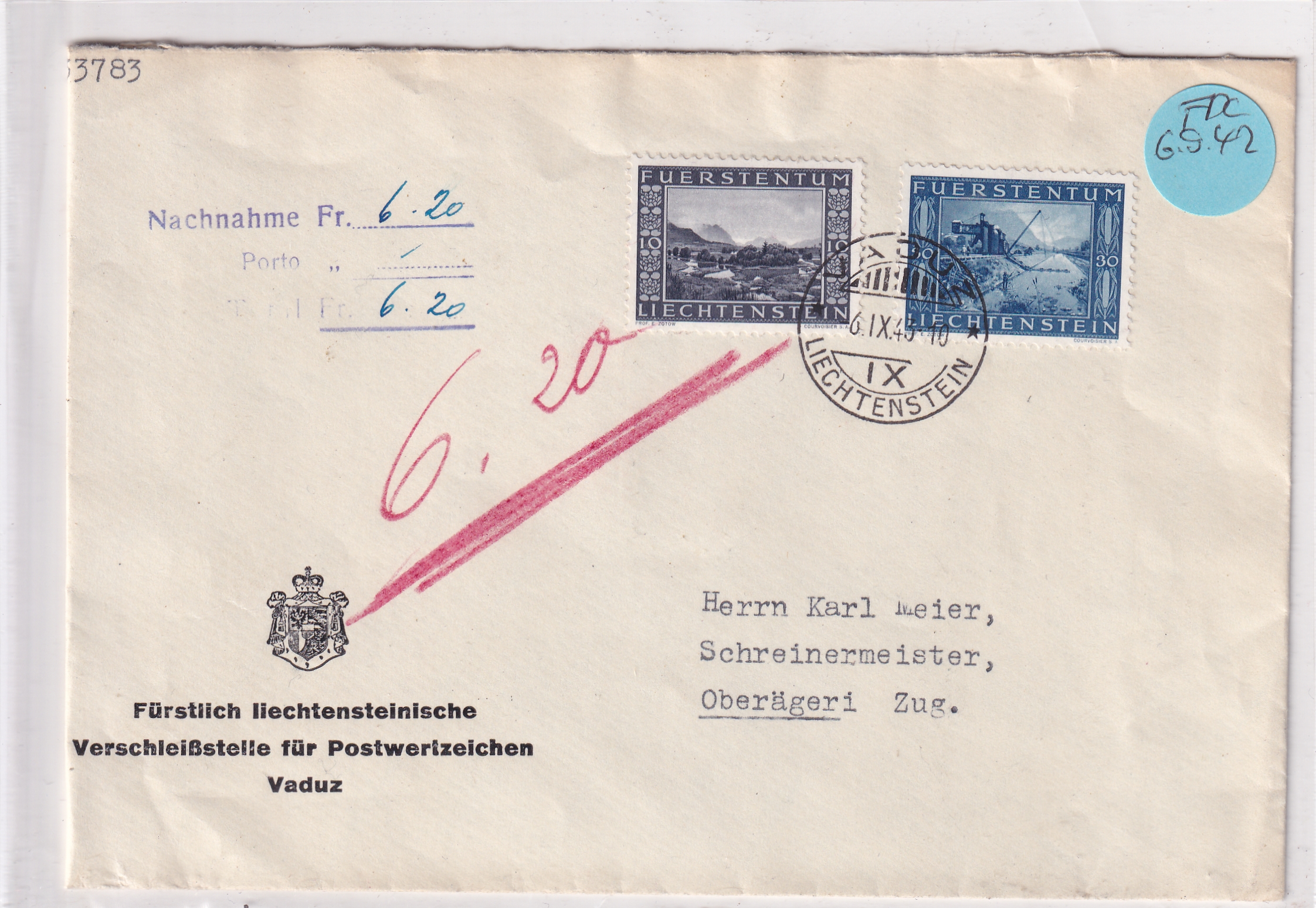 Liechtenstein FDC 6.9.1943 Vaduz - Oberägeri