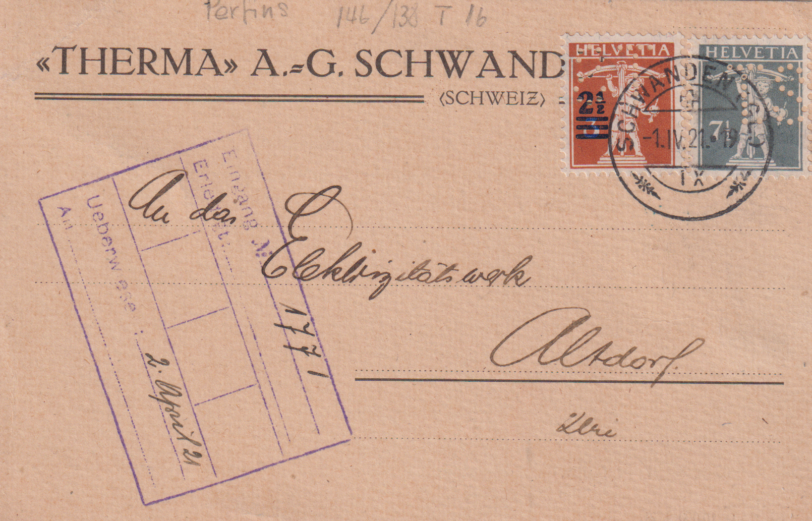Perfin T17 auf Postkarte