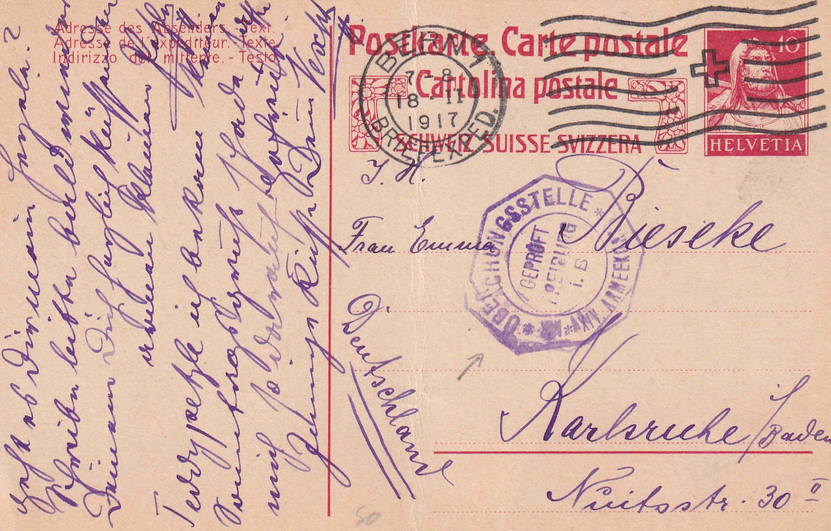 18.11.1917 geprüfte Karte Bern - Karlsruhe