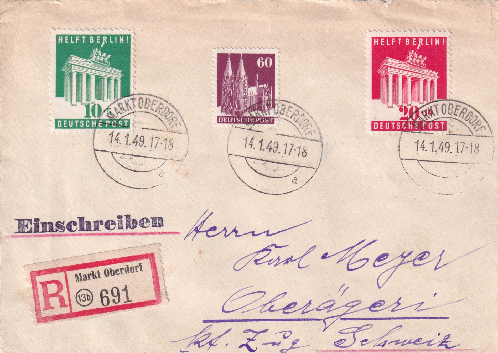 1949 Amerikanische und Britische Zone 14.01.1949  Allgäu - Oberägaeri CH