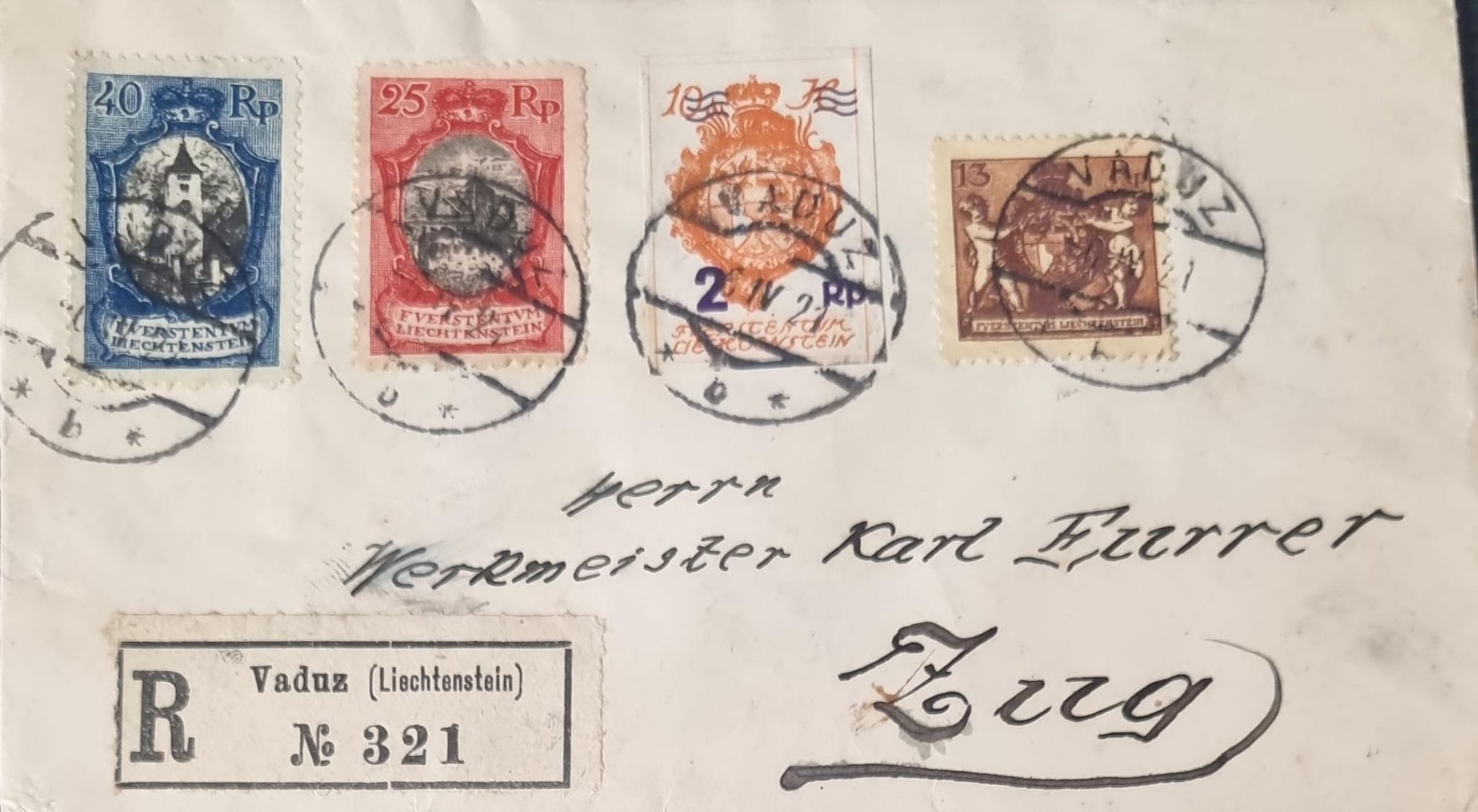 Liechtenstein: 1921 R-Brief von Vaduz nach Zug