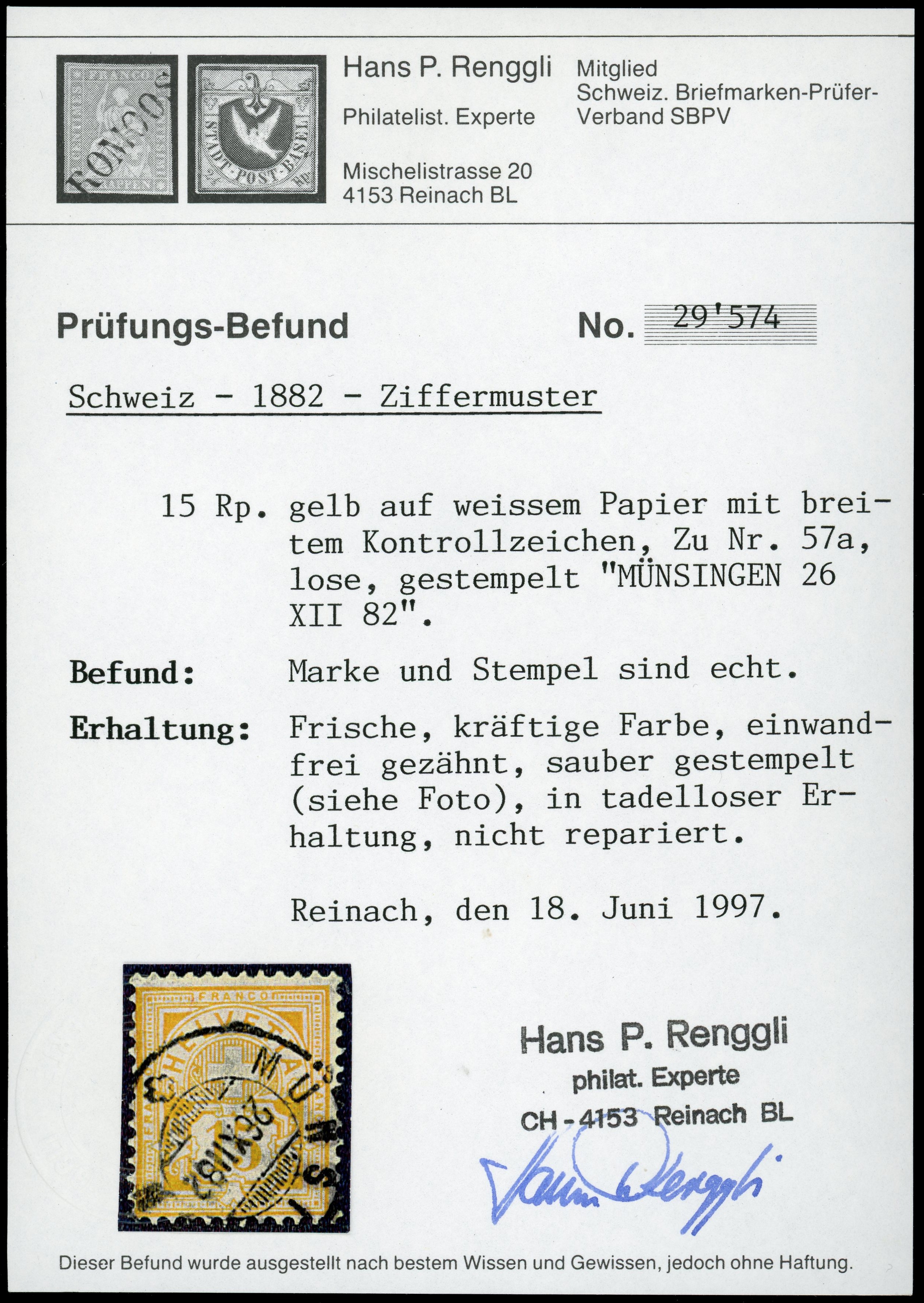 Zifferbriefmarken  SBK   53 bis 57 Gestempelt + Attest