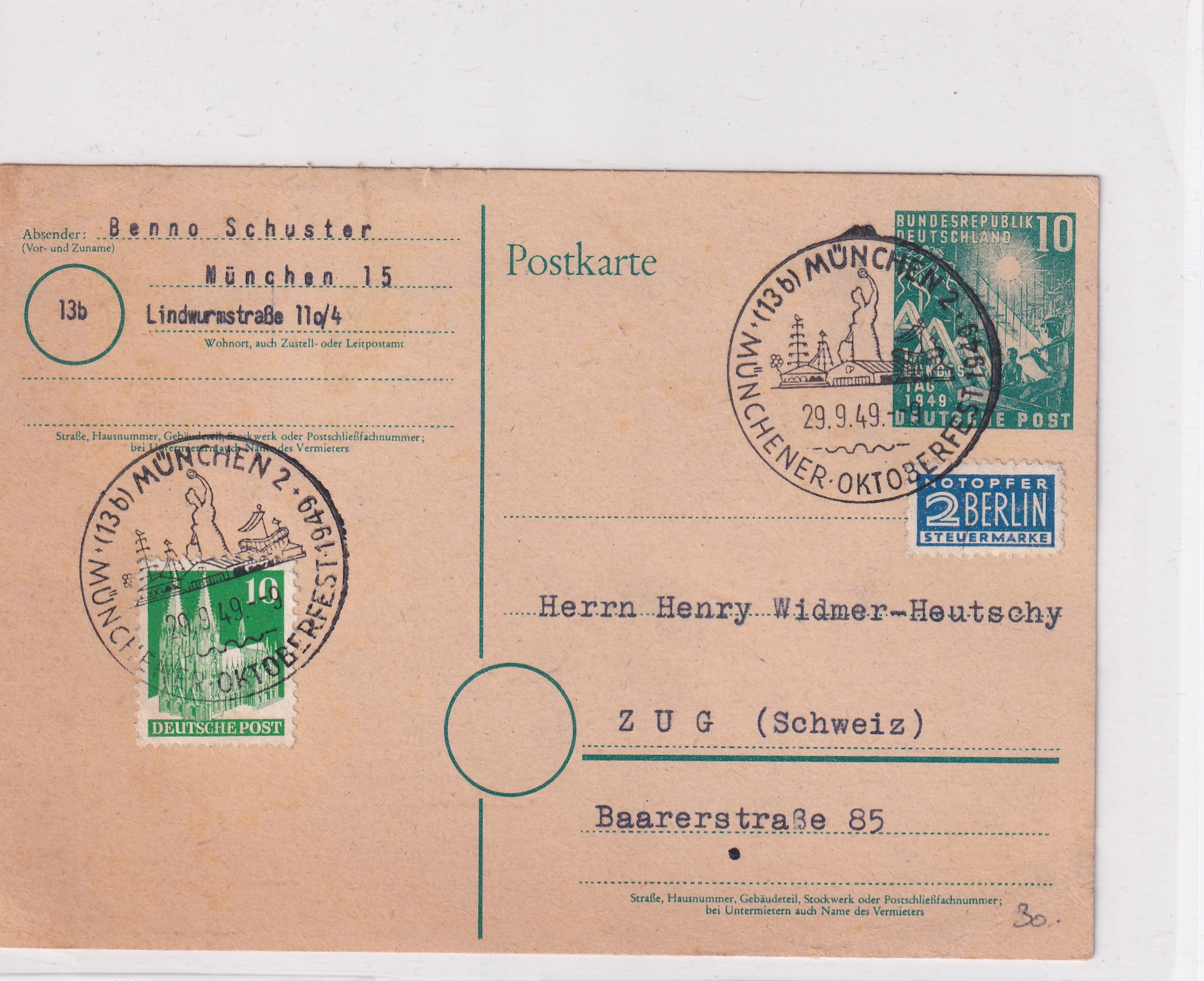 Bundesrepublick Deutschland 1949  München - Zug  Ganzsache