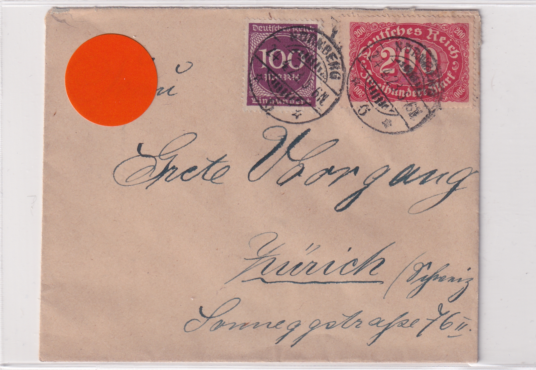 Deutsche Reich: 10.05.1923 Nürnberg - Zürich MiNr. 268 + 220 P:P 13