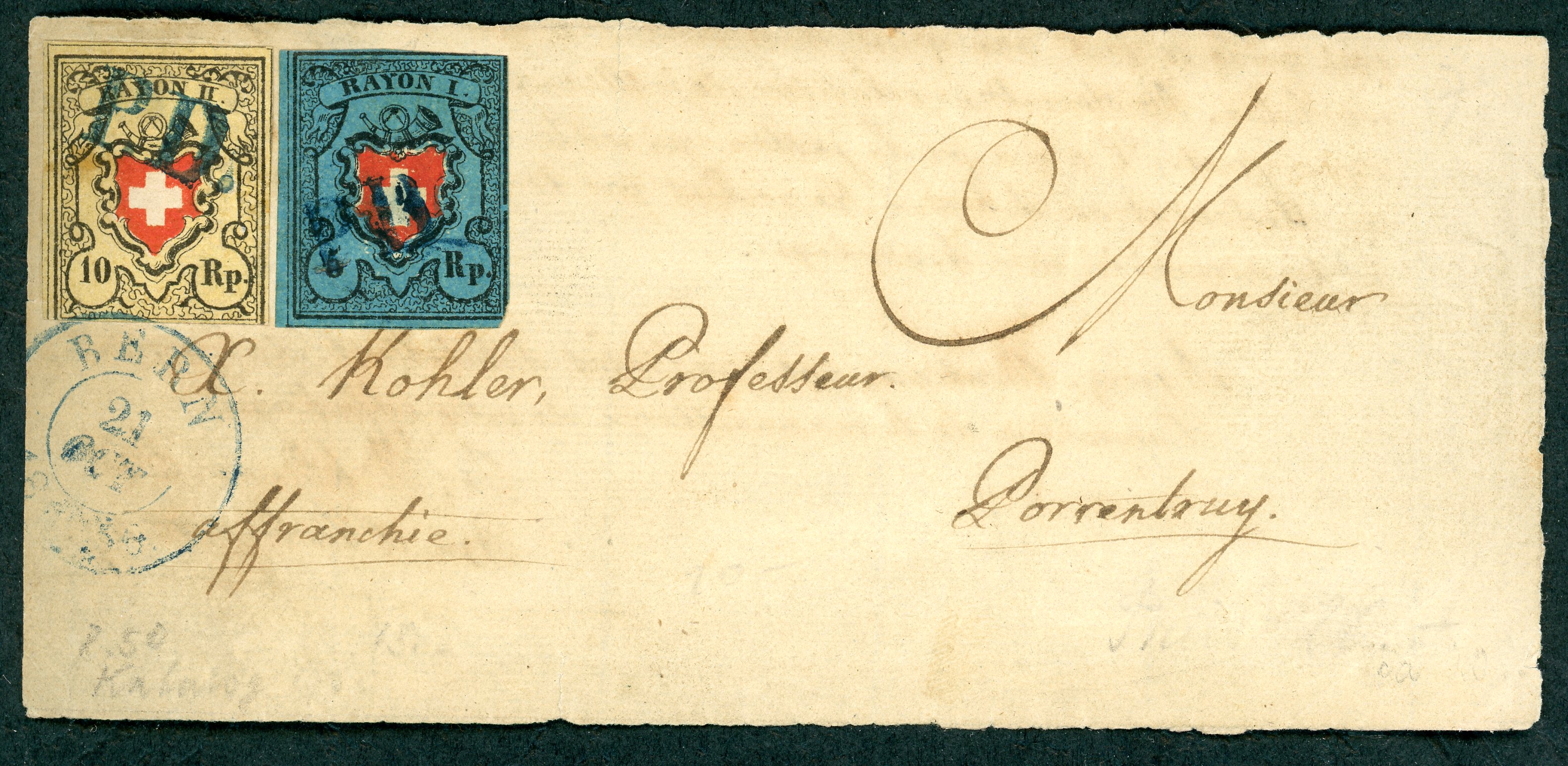 CH 1850 Rayon l+ll auf Briefteil  PD Stempel