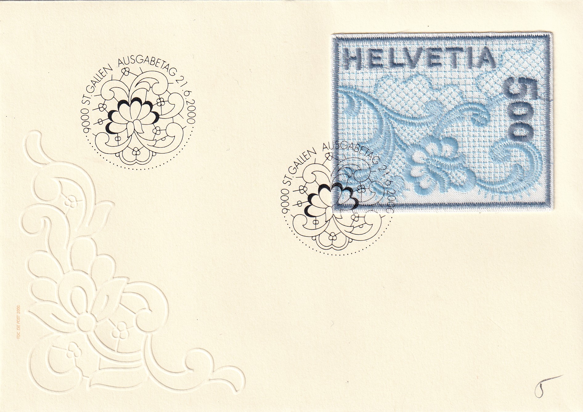 FDC 2000 Stickerei Marke Fr. 5.00 gestempelt