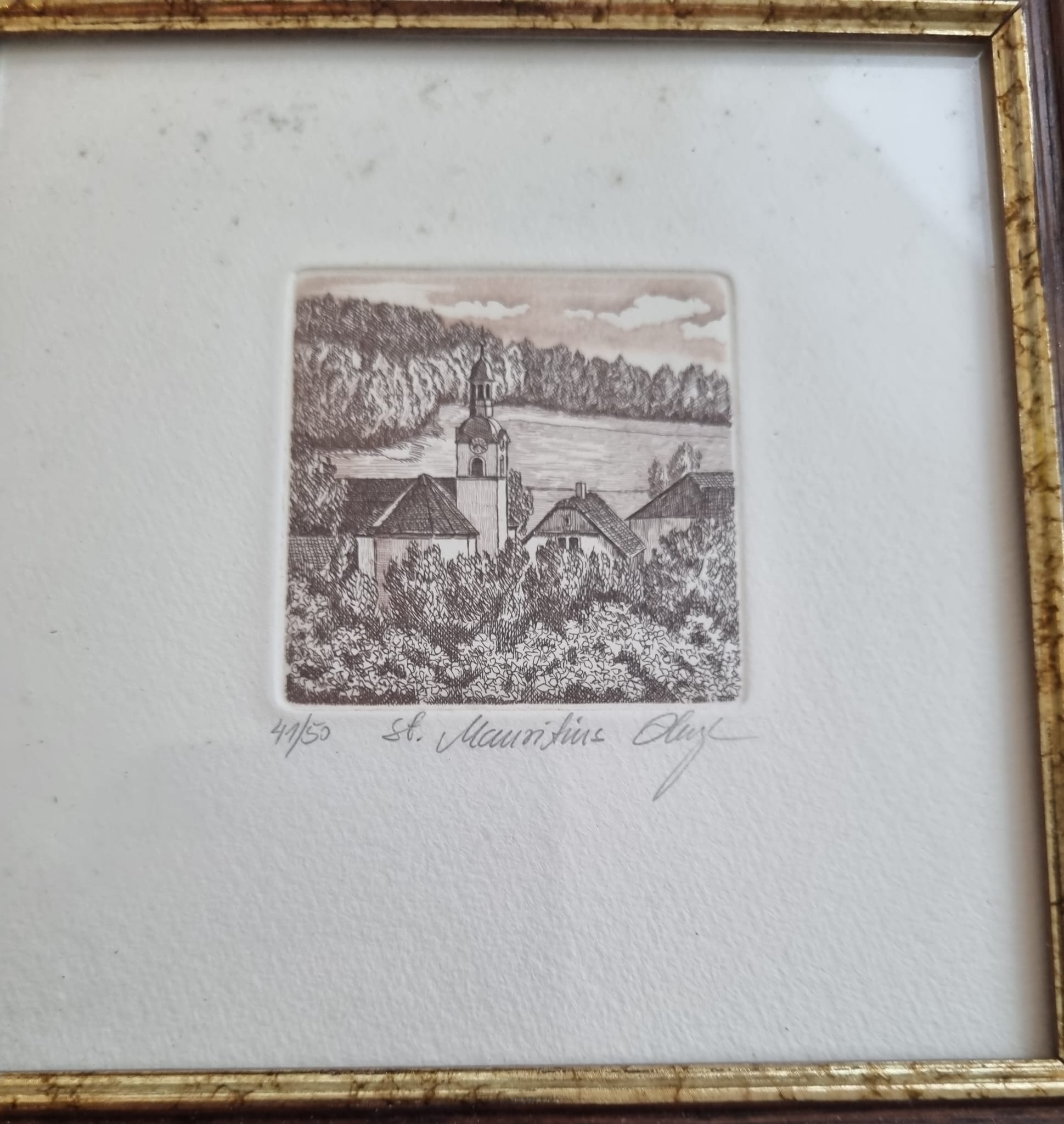 Radierung von Cham - Niederwil  St.Mauritius Kirche