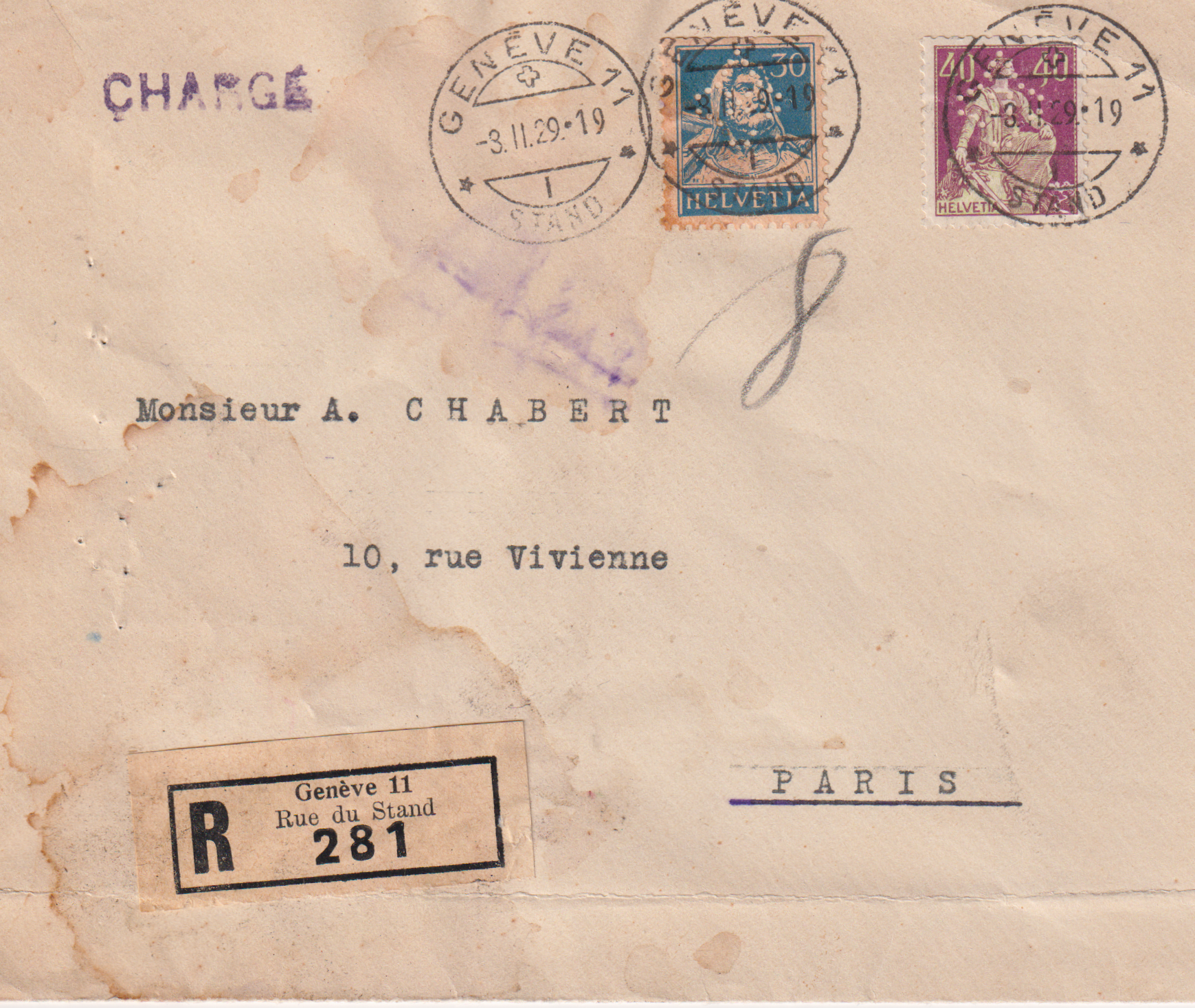 Perfin d91 Brief von Geneve nach Paris
