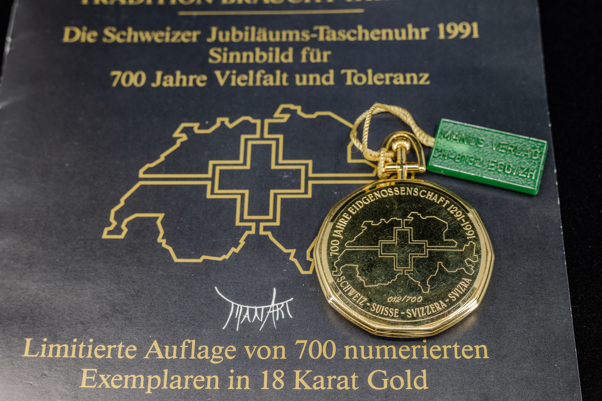 Gold Taschenuhr zur 700 Jahr Feier der Schweiz 750 Karat