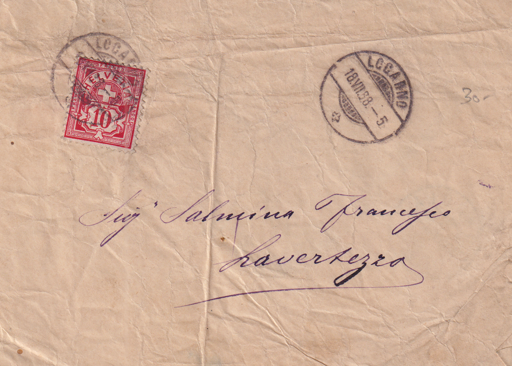 Strahlenstempel Lavegnazzo  Brief von Locarno18.071888 via Gordola nach Lavenazzo