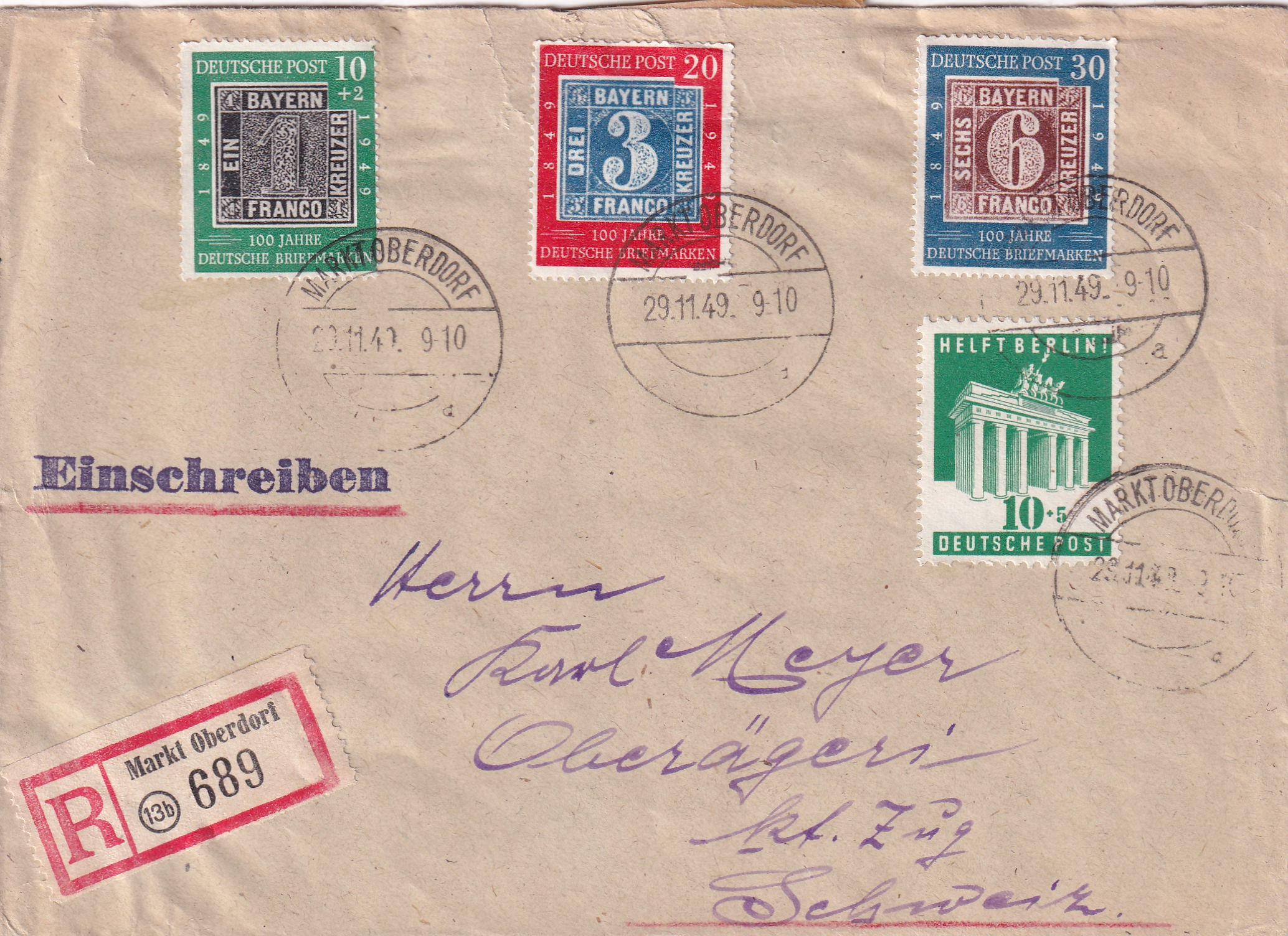 Deutsche Bundespost:  1949 100 Jahre Deutsche Bundespost München - Oberägeri