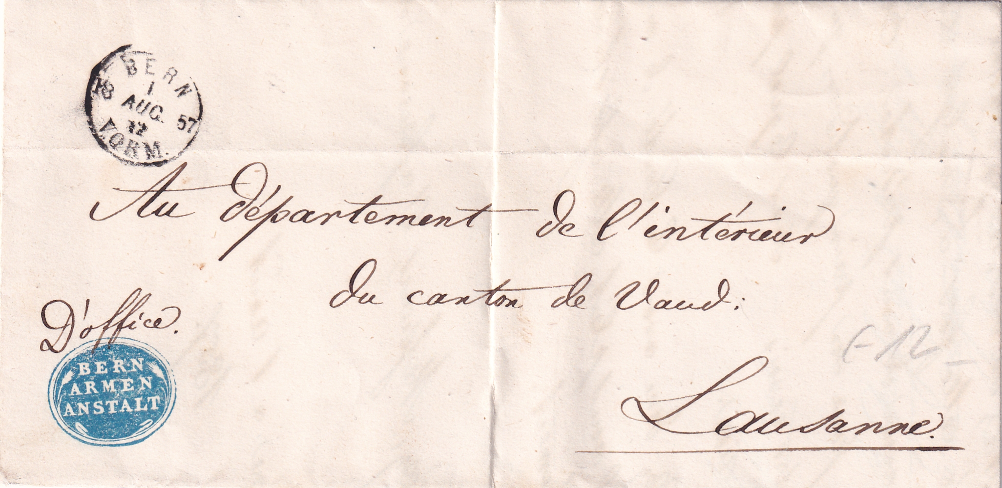 1.08.1857 Bern  - Lausanne  "Bern Armenanstalt"