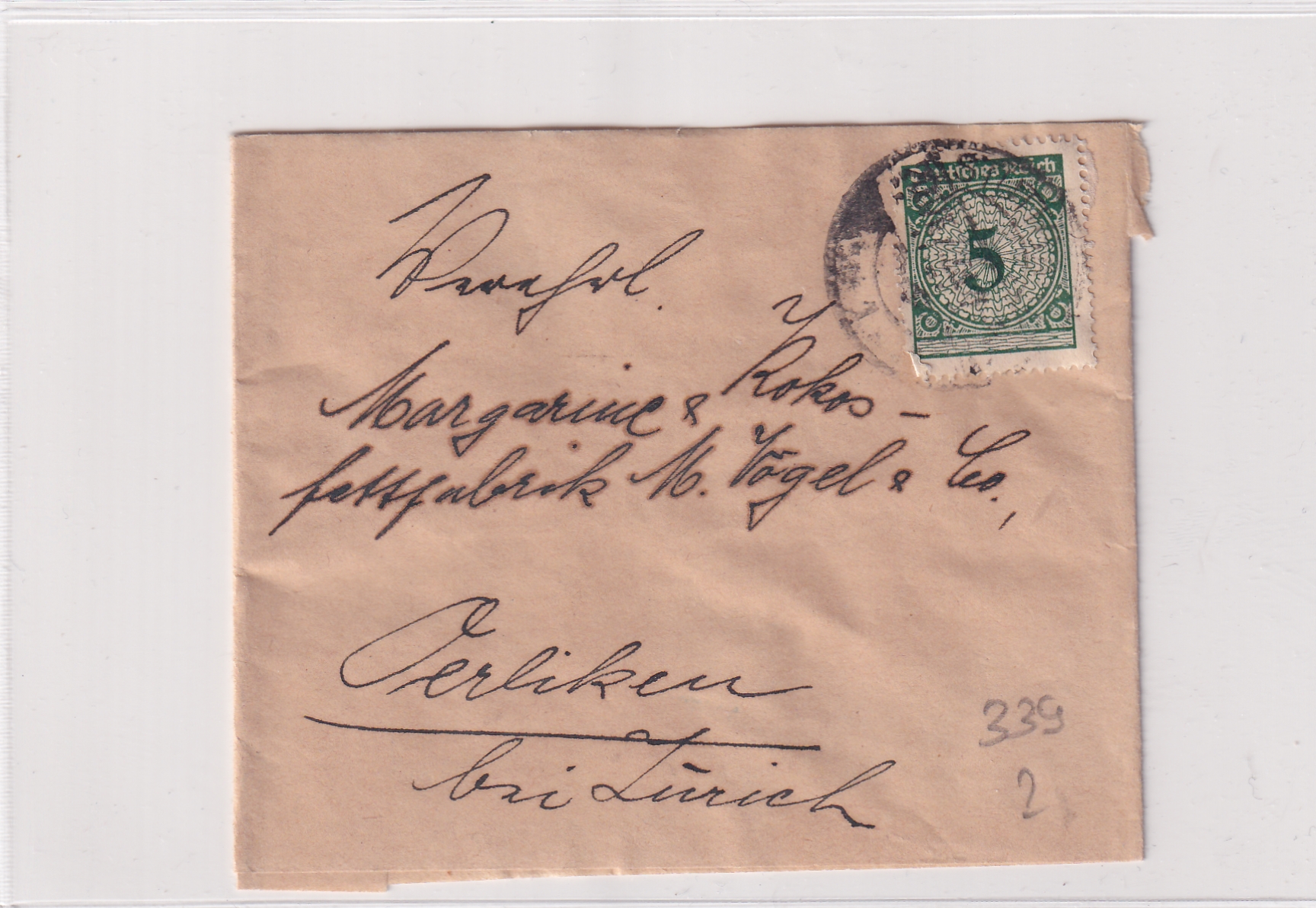 Deutsche Reich:924 Stuttgart - Zürich E.F Mi Nr. 339 Zeitungsstreifband